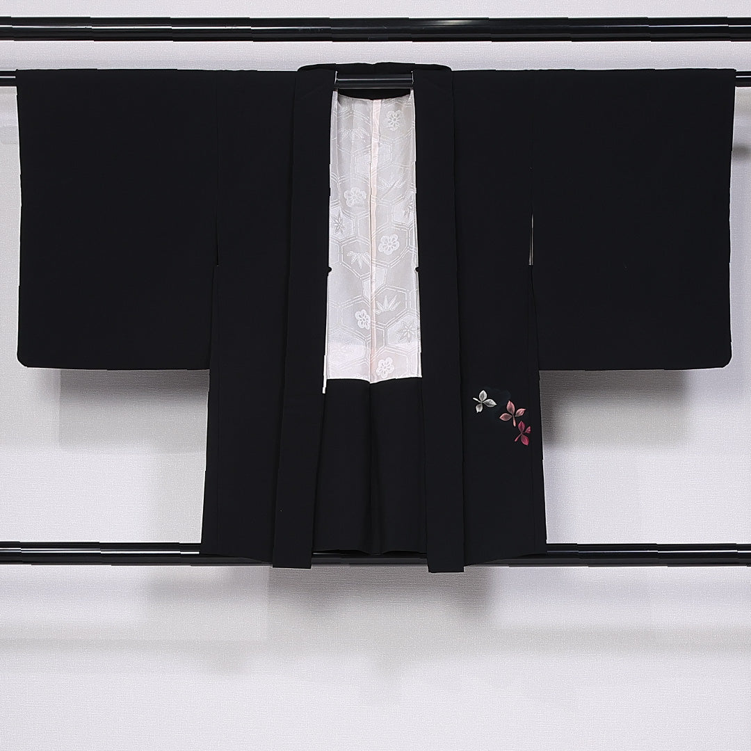 黒羽織 袷 身丈79cm 裄丈62cm 正絹 Sランク インフォーマル Sサイズ 刺繍 植物柄 黒系 RP 1233-11086