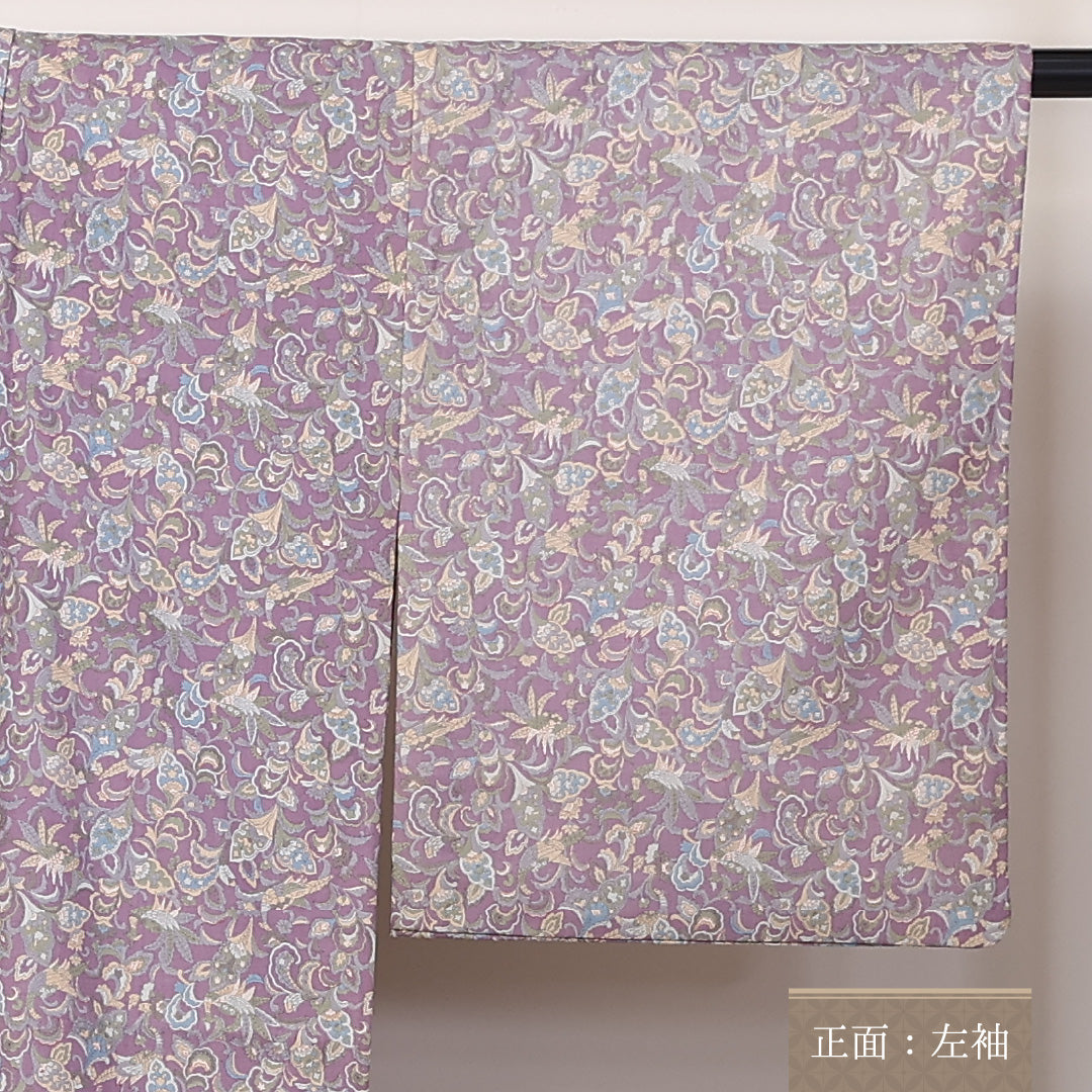 小紋(紬) 単衣 身丈146cm 裄丈61cm 正絹 Sランク XSサイズ バチ衿 インフォーマル 後染め 更紗 花喰鳥 唐華 紫系 1215-02282
