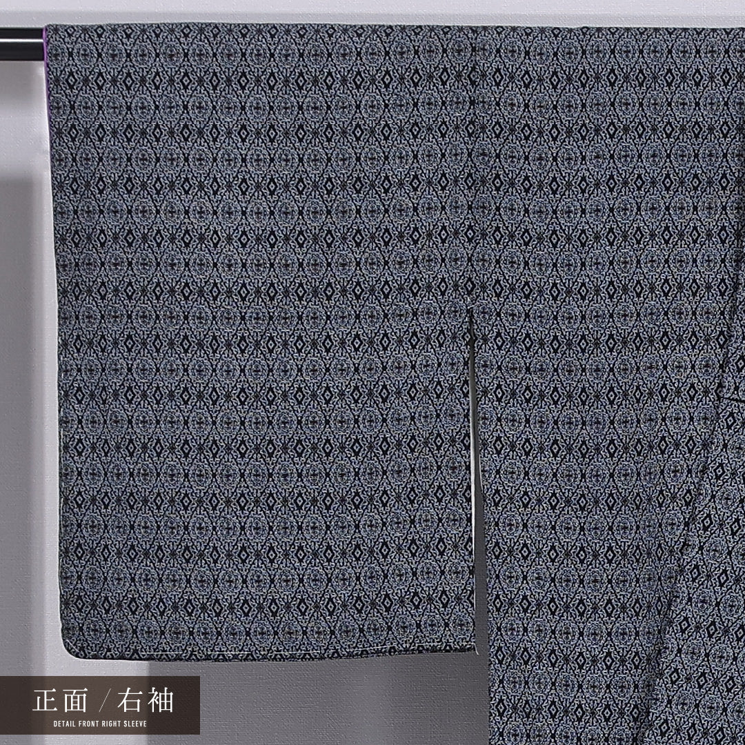 小紋 袷 身丈155cm 裄丈63cm 正絹 Aランク インフォーマル 広衿 Mサイズ 創作柄 黒系 RP 1221-11864