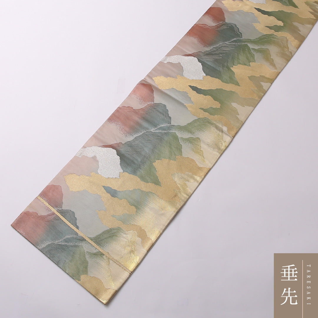 袋帯 帯丈408cm 正絹 六通 セミフォーマル 綴れ織 山水 クリーム系 1243-01570
