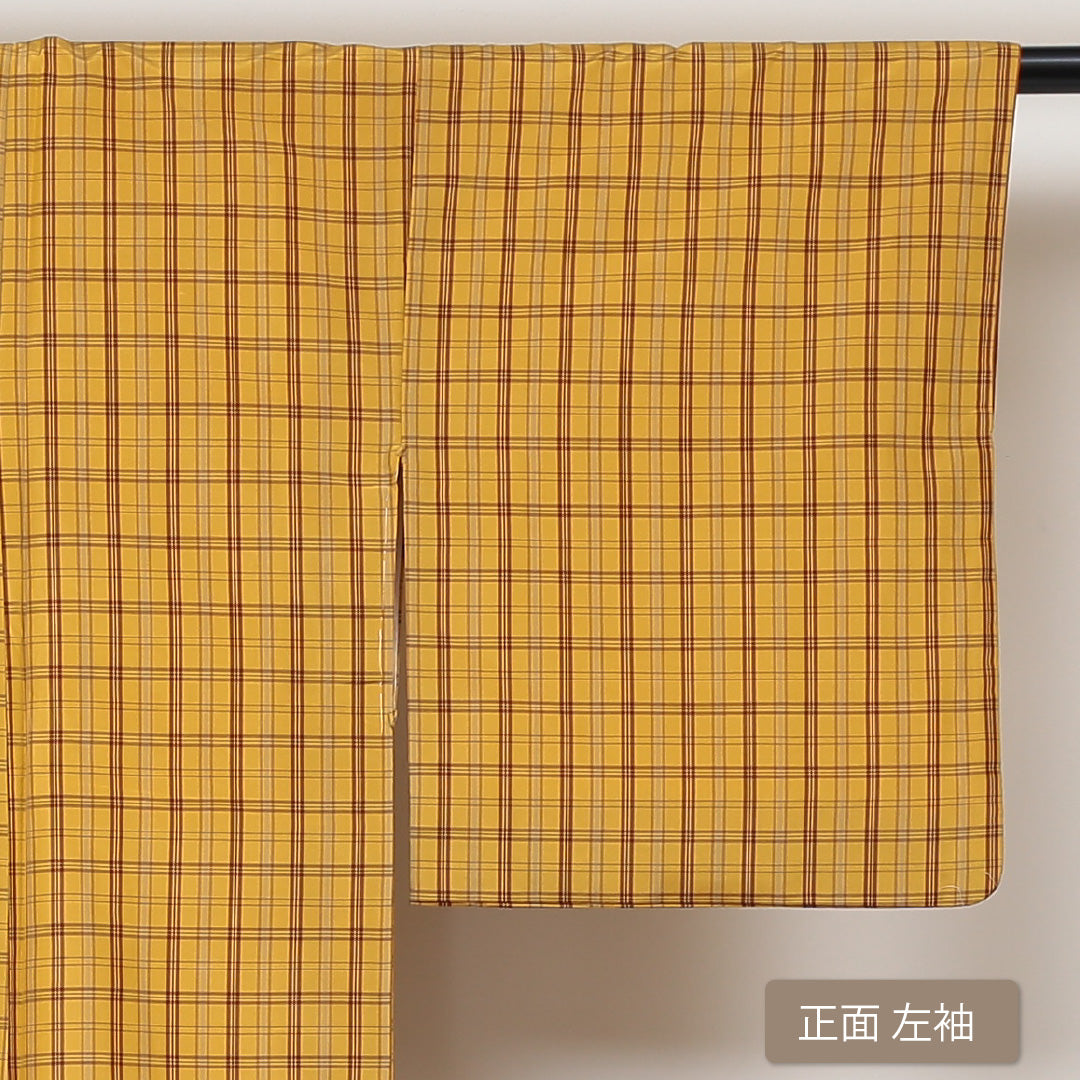 紬 袷 身丈161cm 裄丈63cm 正絹 黄八丈風 Bランク Lサイズ 広衿 カジュアル 格子 黄系 1216-03017