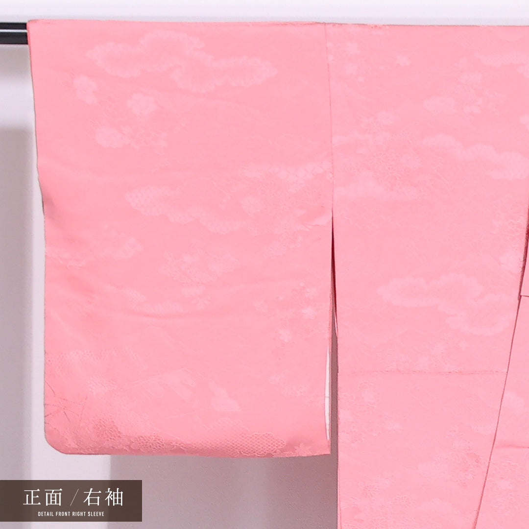 色無地 袷 身丈164cm 裄丈63cm 正絹 Bランク 紋意匠 (菊) インフォーマル 広衿 Lサイズ 雲取り 無地 ピンク系 HP 1219-11547