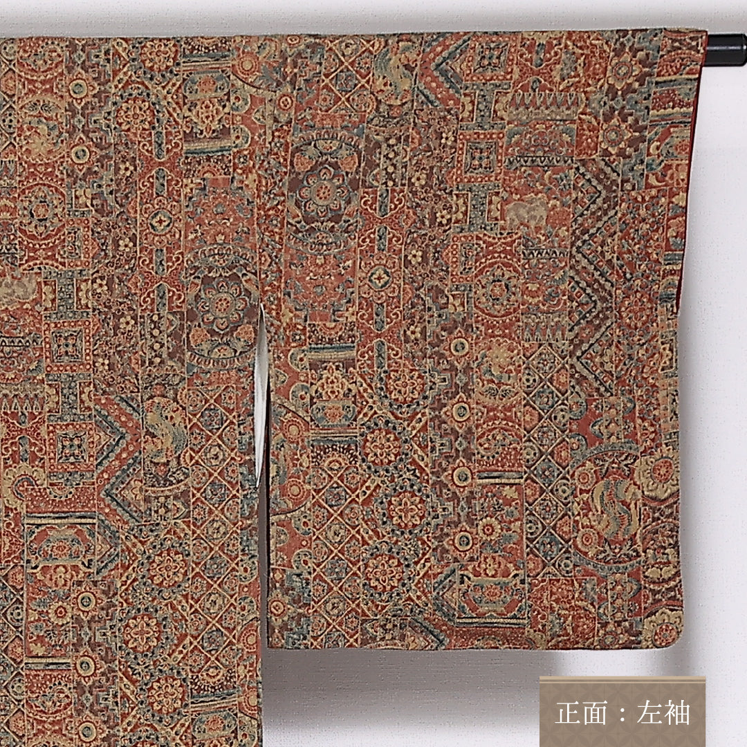 小紋 袷 身丈165cm 裄63cm 正絹 更紗 茶系 ちりめん Sランク 1215-02475