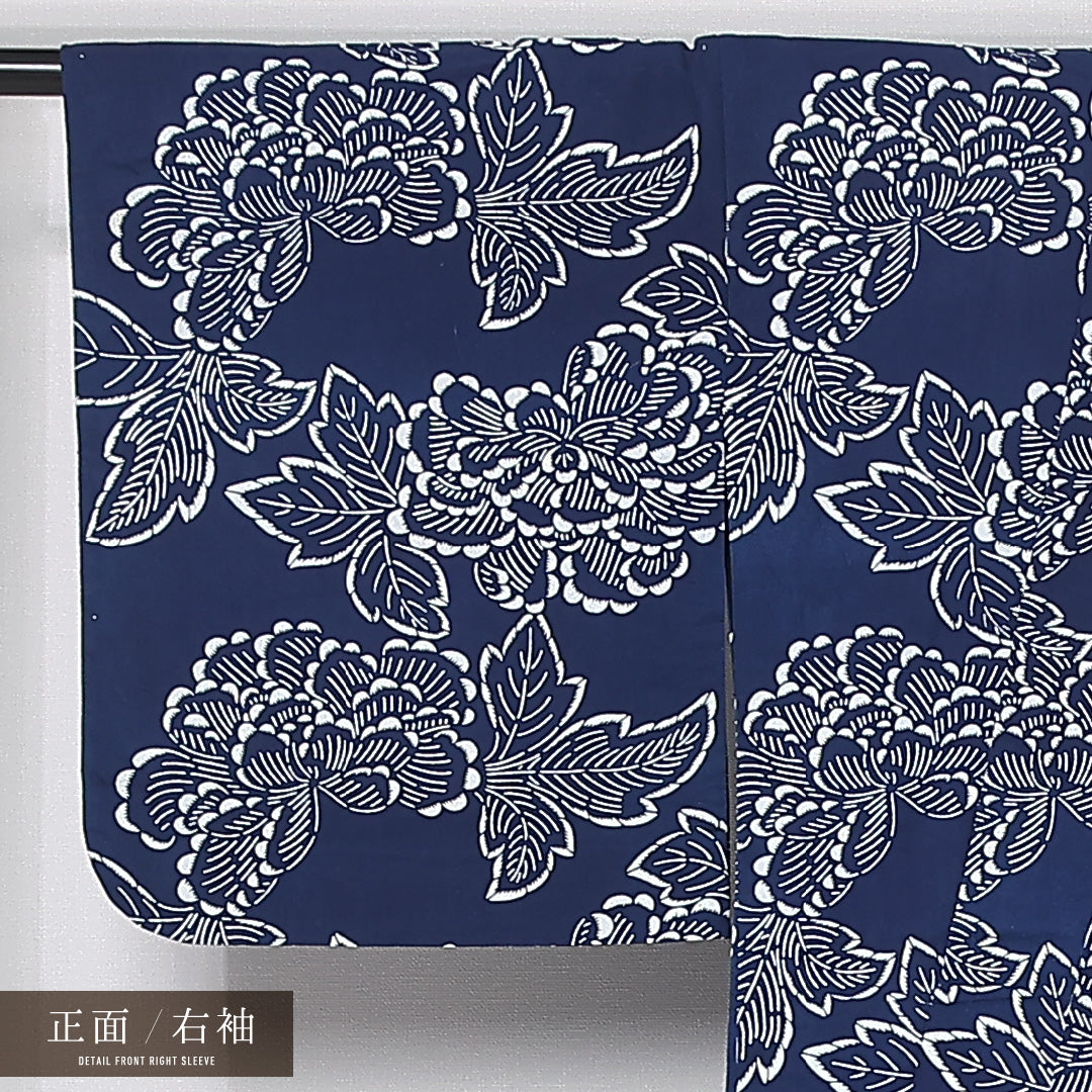 小紋 身丈162cm 裄丈68cm Sランク L 麻 洗える着物 単衣 バチ衿 牡丹 カジュアル 紺系 1215-12166