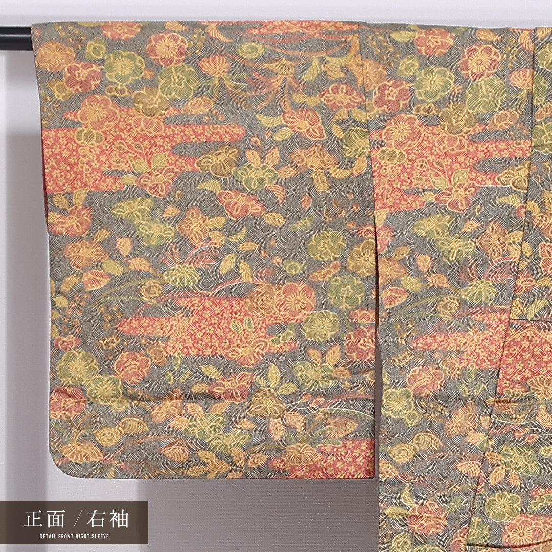 小紋 袷 身丈160cm 裄丈65cm 正絹 Sランク 紋意匠 (鮫) インフォーマル 広衿 Lサイズ 四季草花 紺系 RP 1221-11702