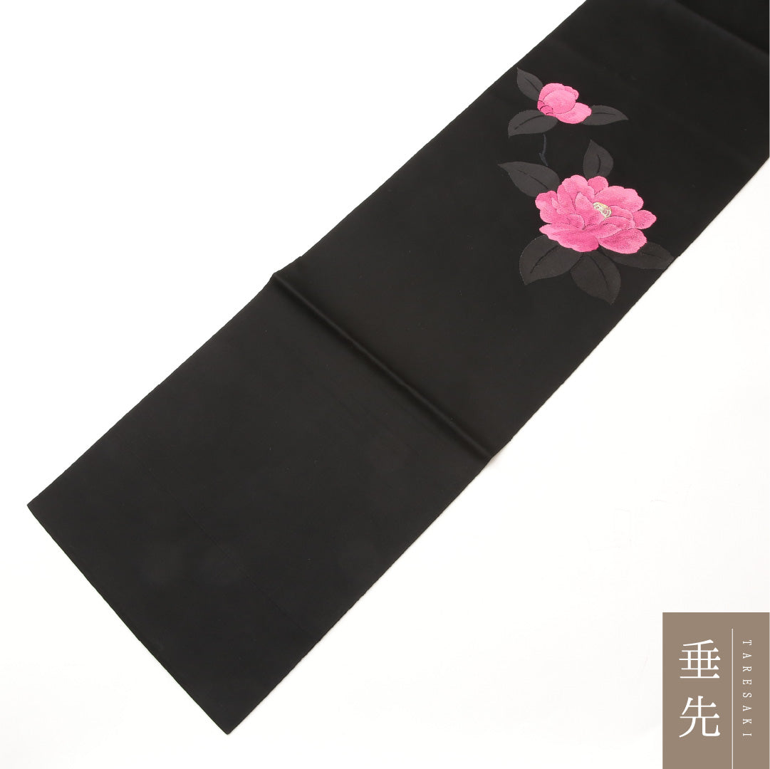 八寸名古屋帯 Aランク 帯丈353cm 正絹 ポイント柄 松葉仕立て 織り インフォーマル 牡丹 黒系 RP 1245-02059