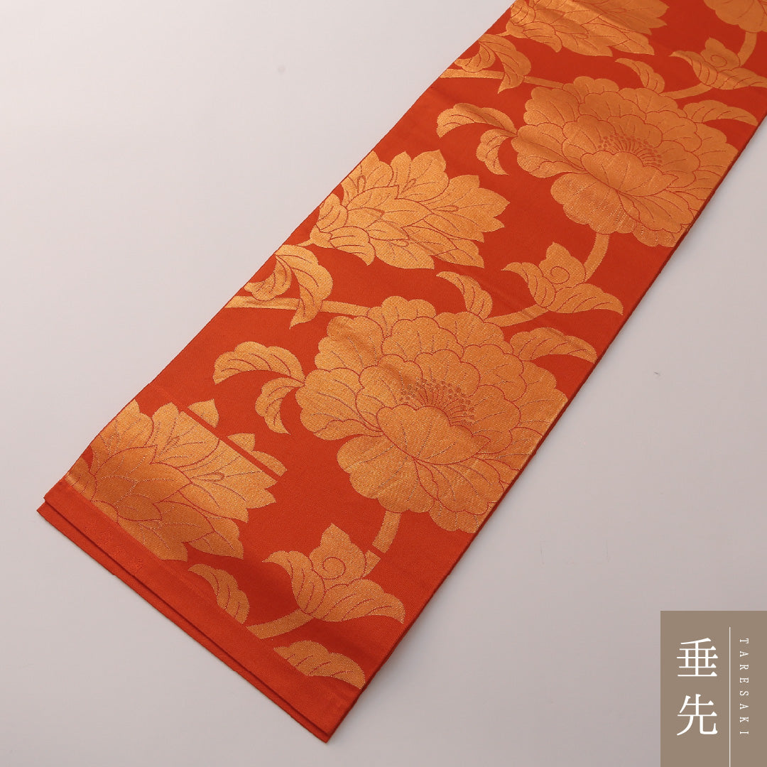 本袋帯 帯丈444cm フォーマル 全通 Sランク 正絹 唐華 蓮 朱系 1223-01894