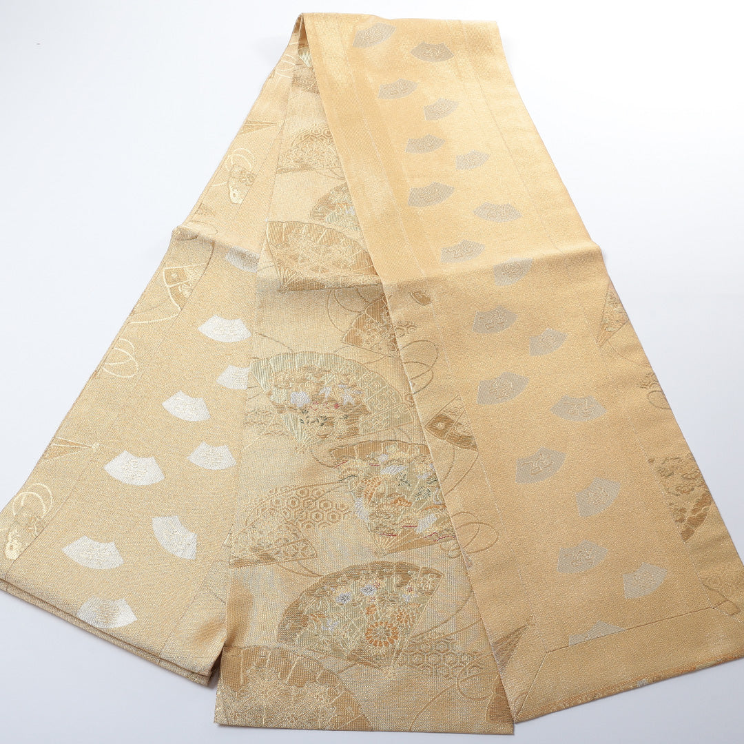 袋帯 帯丈428cm 六通 仕立て上がり フォーマル Sランク 扇子 吉祥文様 金系 1223-00769-221 1223-00769