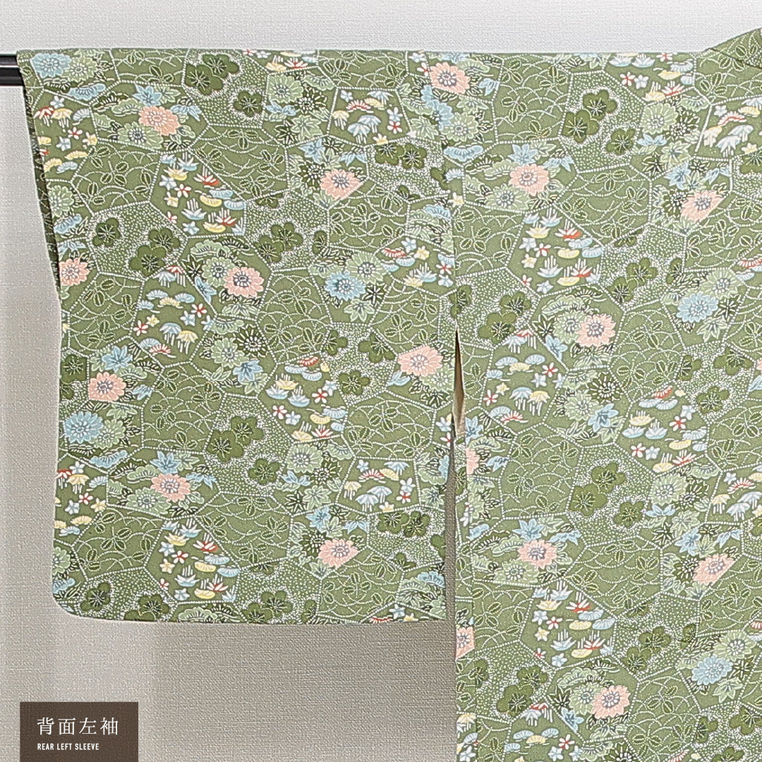 羽織 袷 身丈81cm 裄丈63cm 正絹 Sランク カジュアル Sサイズ 紐あり 松竹梅 緑系 RP 1232-14840