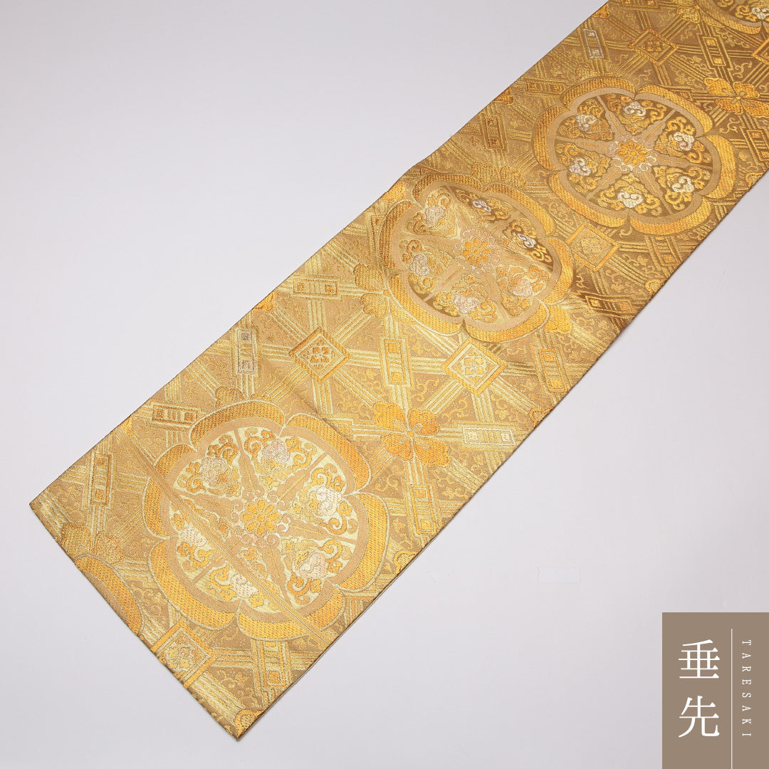 袋帯 帯丈434cm 正絹 六通 フォーマル 宝相華 花菱 落款 金系 1243-01268