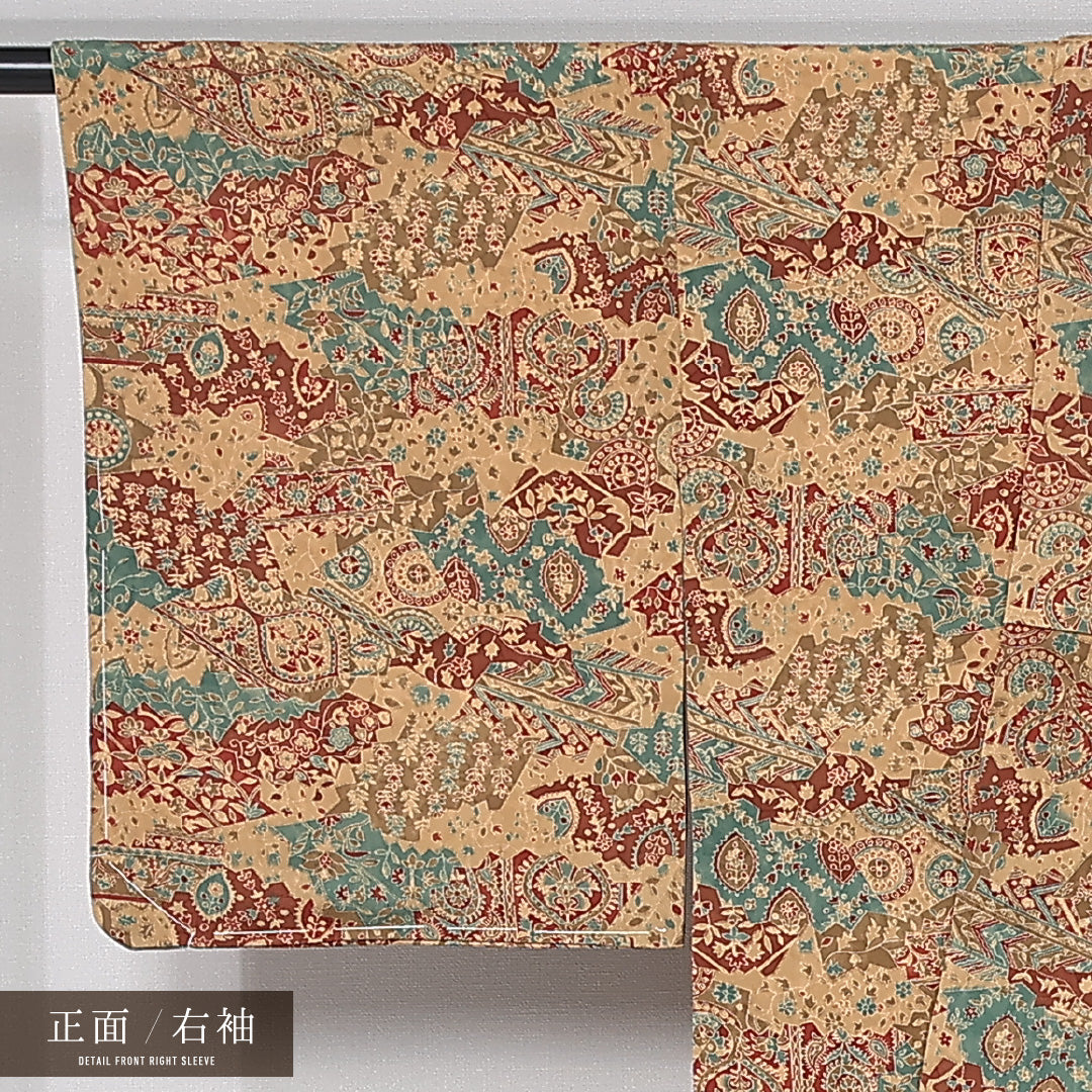 小紋 袷 身丈163cm 裄丈62cm 正絹 Sランク インフォーマル 広衿 Lサイズ ペイズリー 茶系 RP 1221-12058
