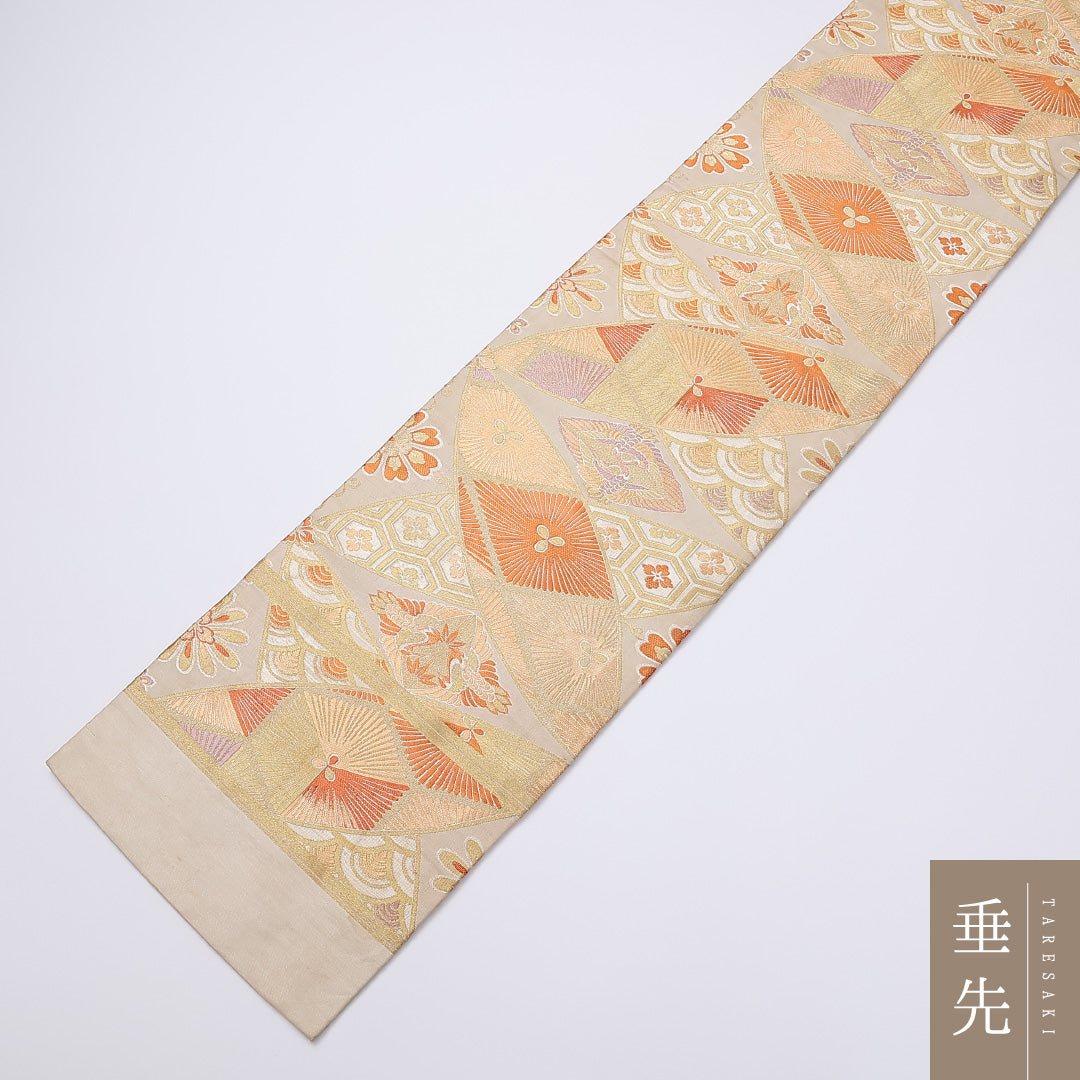 アンティーク 丸帯 帯丈400cm 正絹 全通 七宝 古典柄 クリーム系 1242-00894