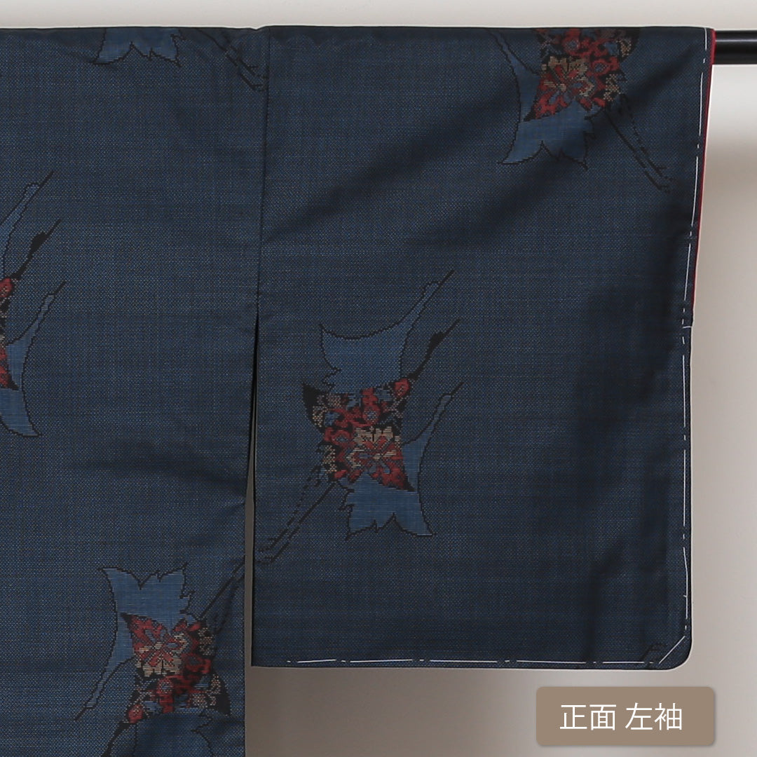 未使用品 紬(大島紬) 袷 身丈168cm 裄丈65cm 正絹 Sランク XLサイズ 広衿 インフォーマル 経緯絣 鶴 しつけ糸 紺系 1216-02983