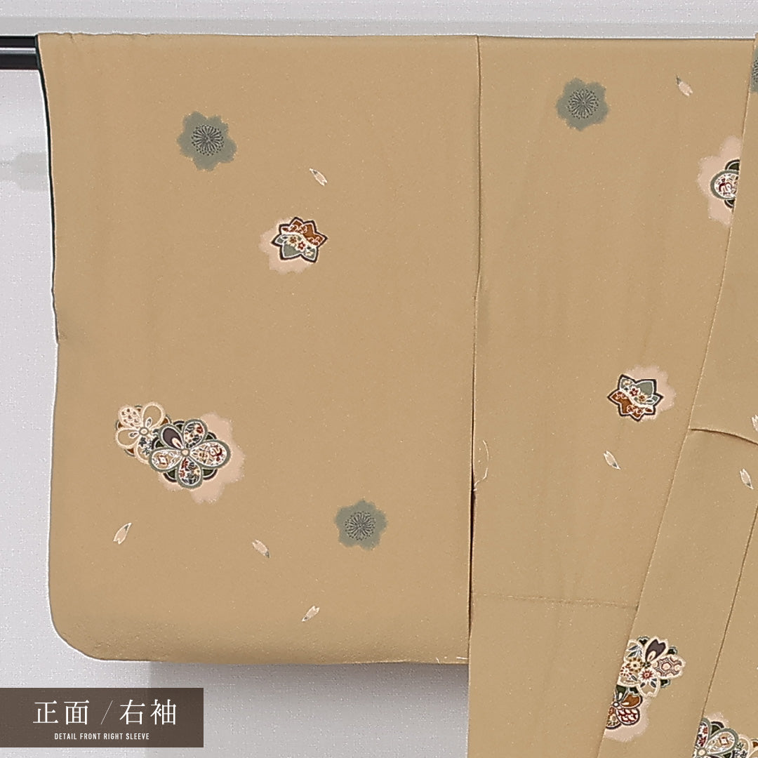 小紋 袷 身丈151cm 裄丈65cm 正絹 Sランク インフォーマル バチ衿 Sサイズ 花柄 黄系 RP 1221-12389