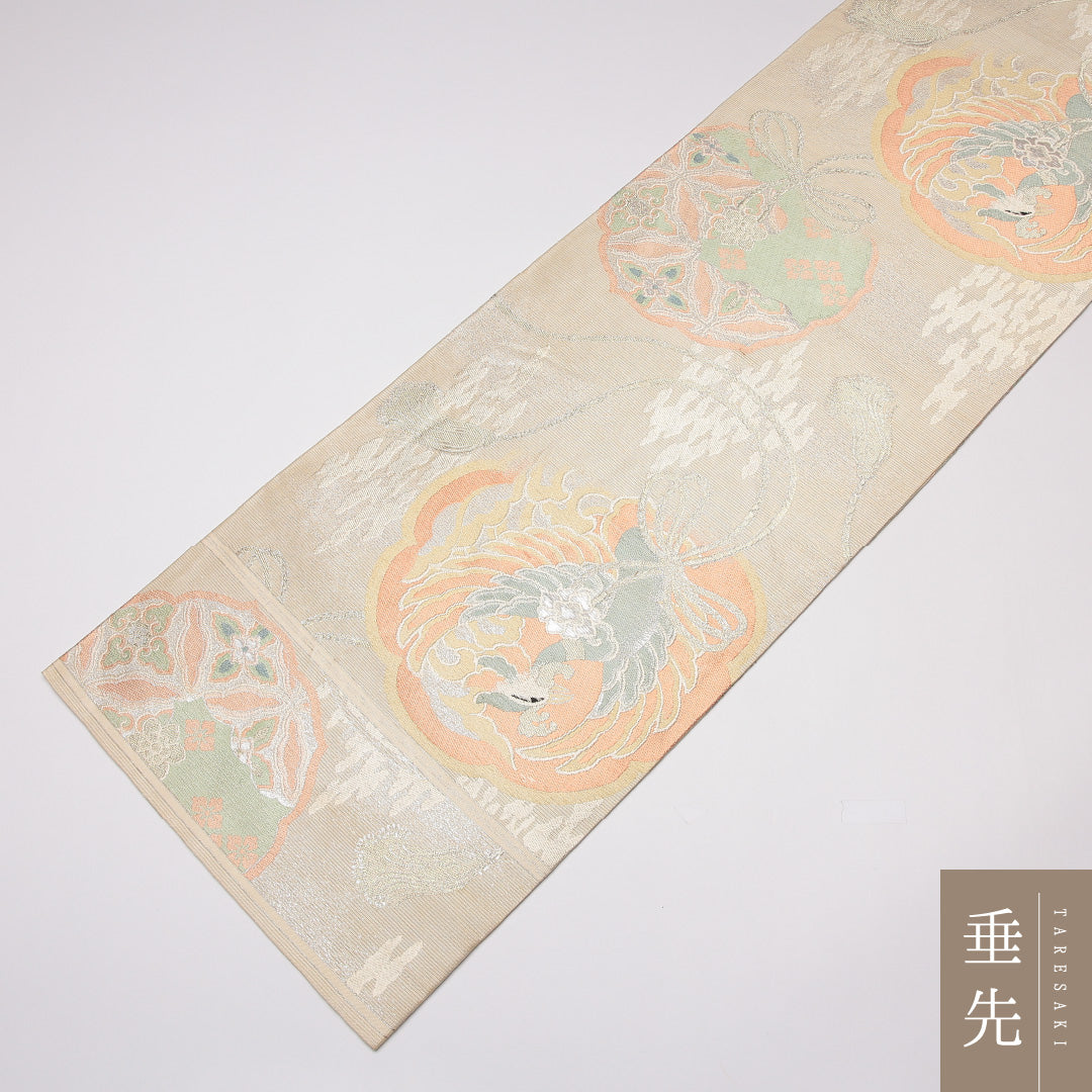 アンティーク 夏物 丸帯 帯丈404cm 正絹 全通 鏡裏文 鳳凰 クリーム系 1242-01258