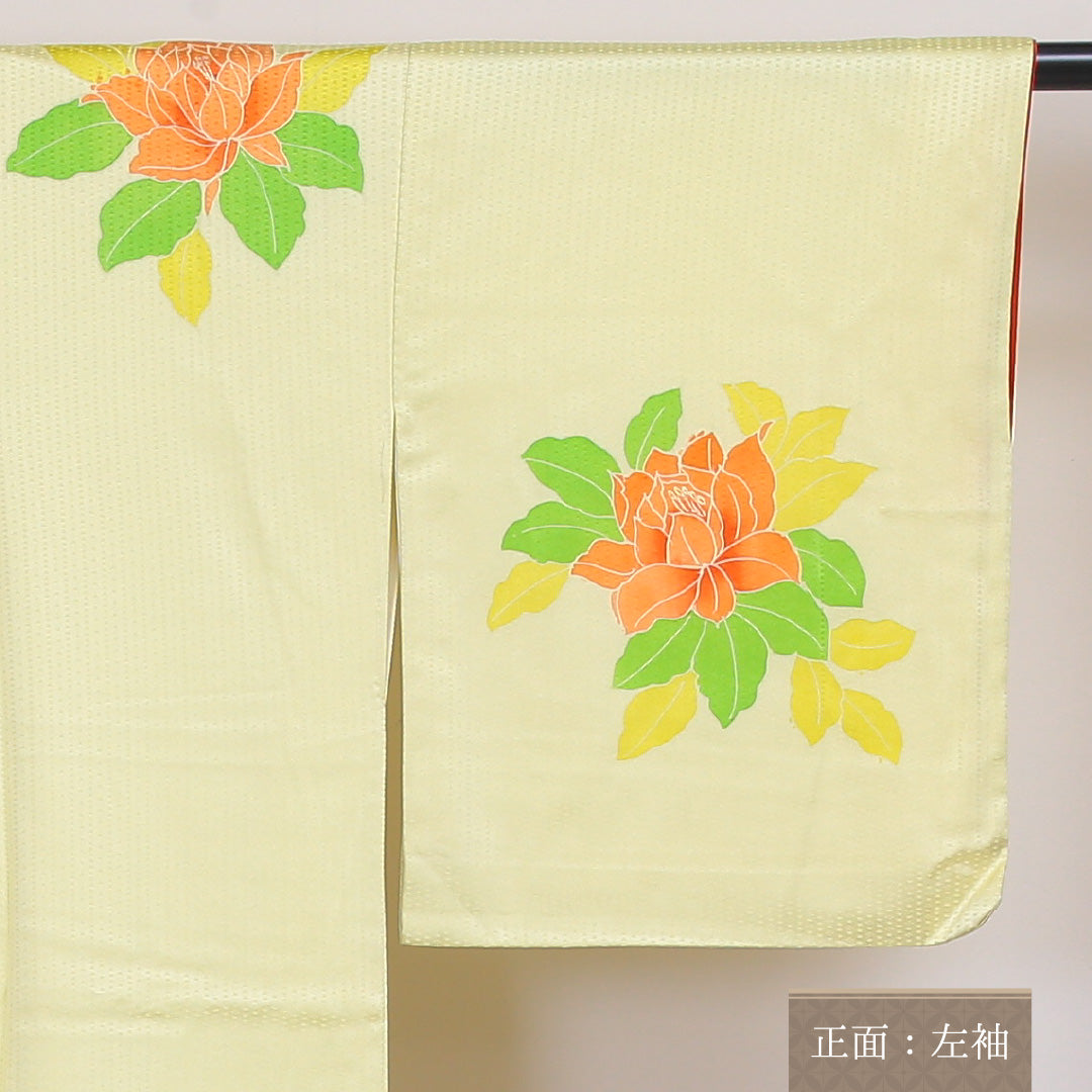 付下げ 袷 身丈160~164cm 裄65.5cm 正絹 牡丹 黄系 Aランク 1212-00538