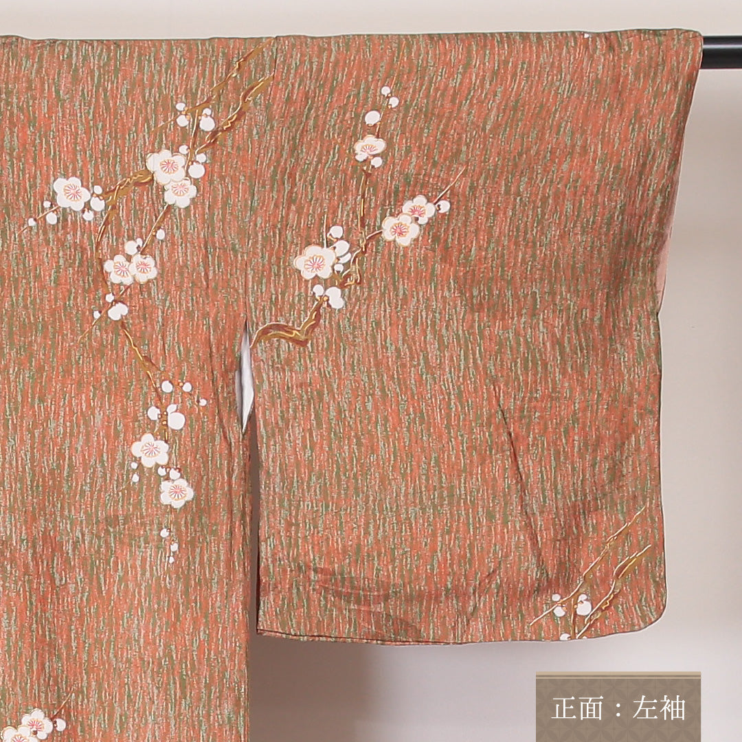 アンティーク 小紋 袷 身丈147cm 裄丈65cm 正絹 Aランク XSサイズ 広衿 梅 朱系 紫系 1215-02093