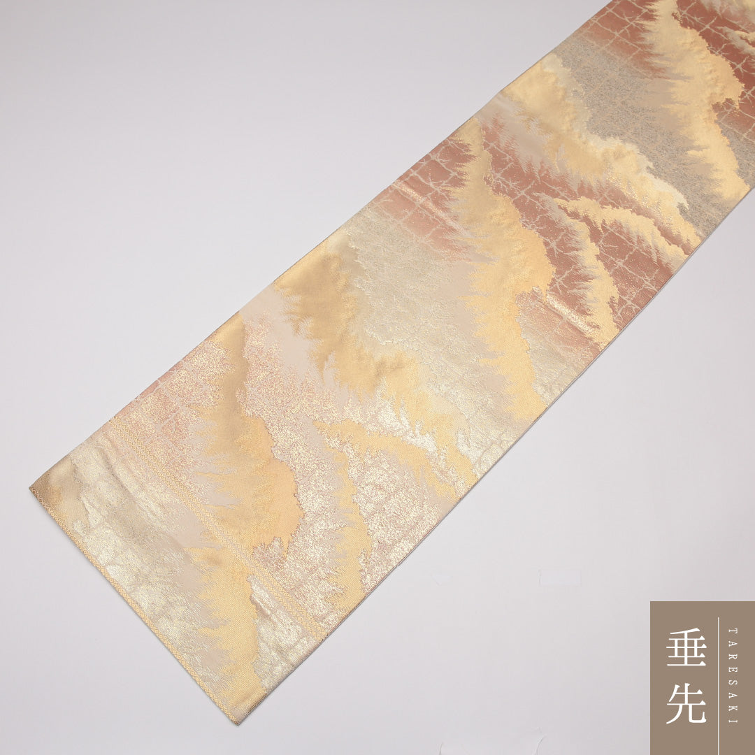 袋帯 帯丈420cm 正絹 六通 セミフォーマル 雲取り 金系 1243-01326