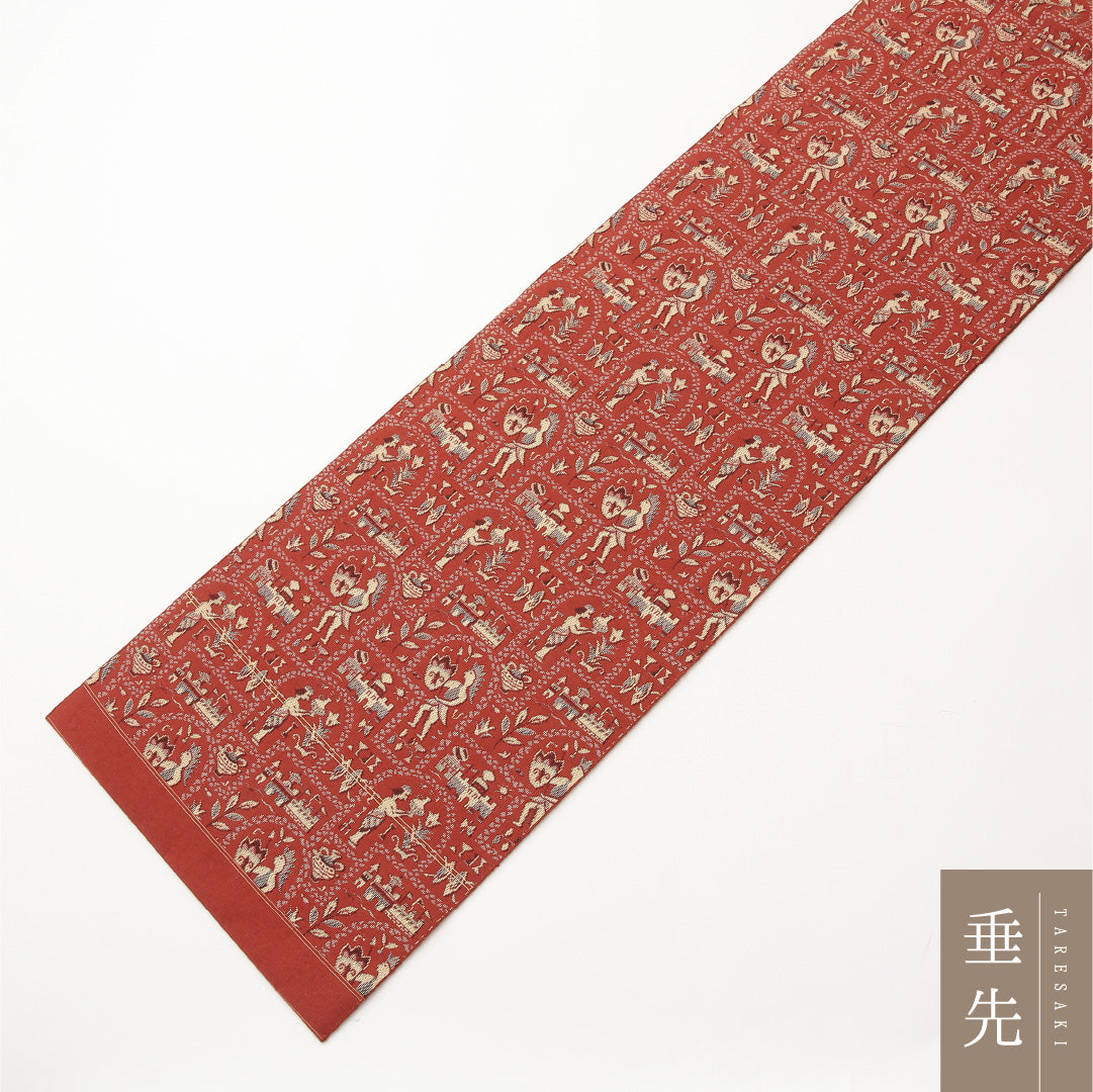 八寸名古屋帯 帯丈334cm 正絹 全通 松葉仕立て 織り カジュアル ペルシャ文様 朱系 GP 1245-02065