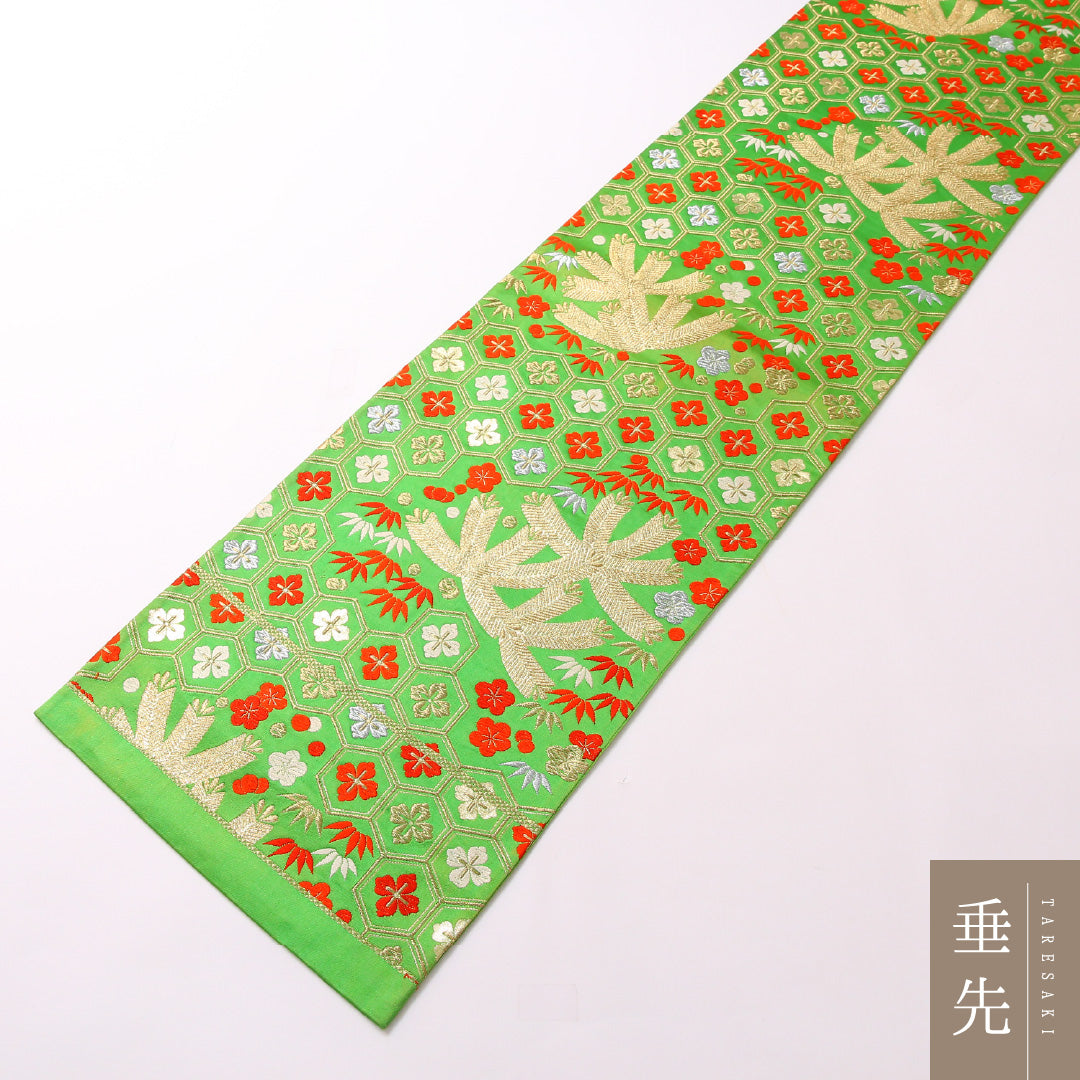 袋帯 帯丈422cm 六通 フォーマル Cランク 正絹 花菱亀甲 古典的 可愛らしい 緑系 1223-01728