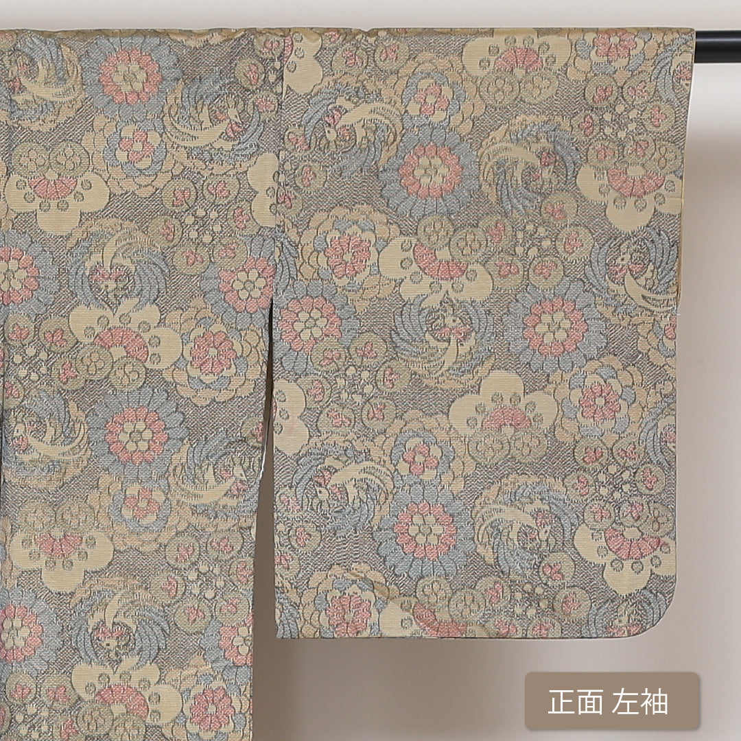 大島紬 袷 身丈153cm 裄64.5cm 正絹 クリーム系 Aランク 花柄 鳥 1216-00516-3215