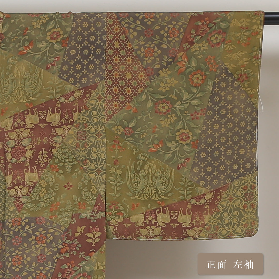 小紋 袷 身丈150cm 裄丈59cm 正絹 Sランク インフォーマル 広衿 Sサイズ 草木染め 更紗 千總 証紙 花柄 緑系 SR 1221-01451