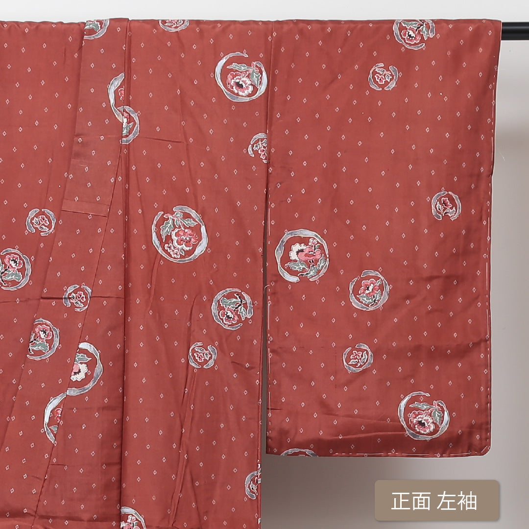 アンティーク 小紋 袷 身丈145cm 裄丈62cm 正絹 Bランク バチ衿 XSサイズ 花柄 朱系 RP 1221-01334