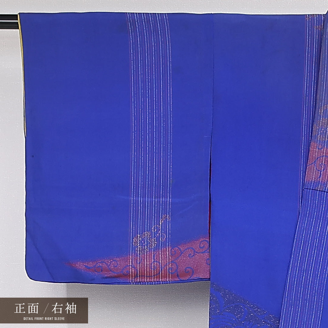 アンティーク お召 袷 身丈146cm 裄丈63cm 正絹 Cランク バチ衿 XSサイズ 唐草 花喰鳥 青系 RP 1222-13225