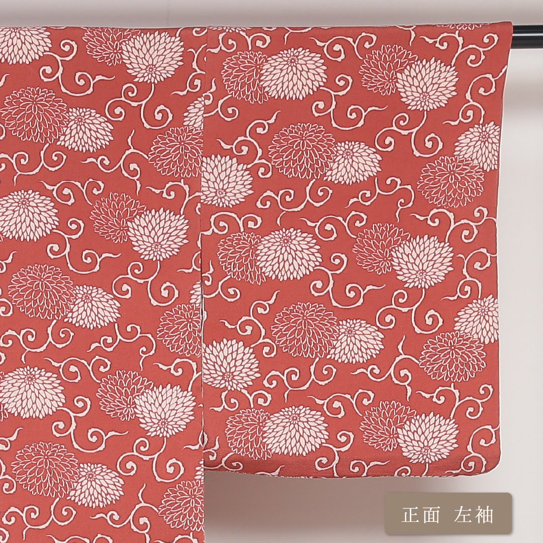 小紋 袷 身丈153cm 裄丈63cm 正絹 Sランク Sサイズ 広衿 インフォーマル ちりめん 唐草 菊 朱系 1215-01729