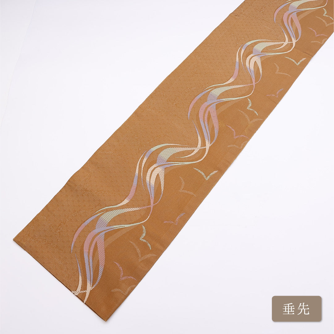 名古屋帯 帯丈360cm 六通 開き仕立て Sランク カジュアル カモメ 波 正絹 黄系 1224-01316