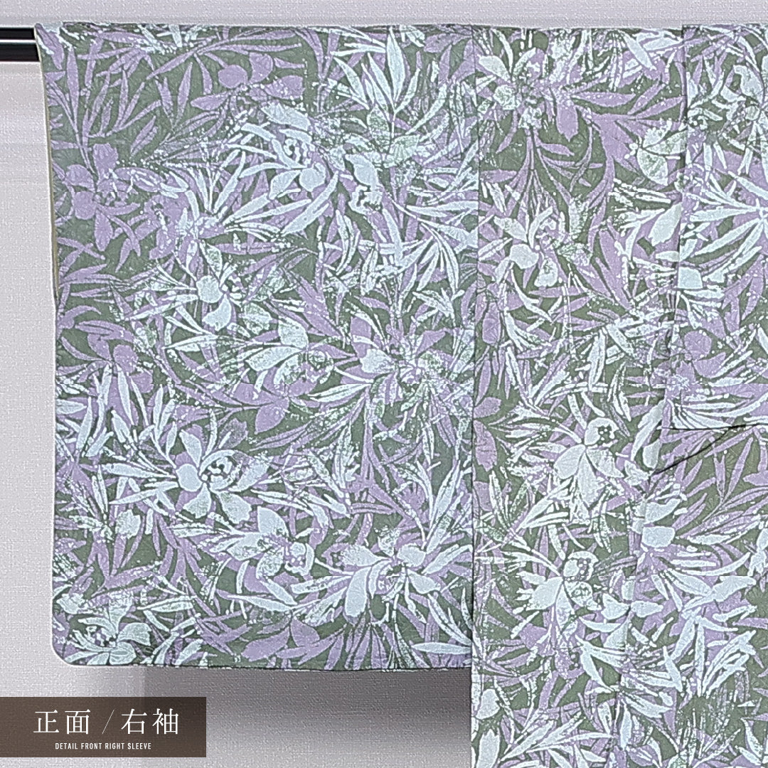 小紋 袷 身丈161cm 裄丈62cm 正絹 Bランク インフォーマル 広衿 Lサイズ 植物柄 緑系 RP 1221-11271