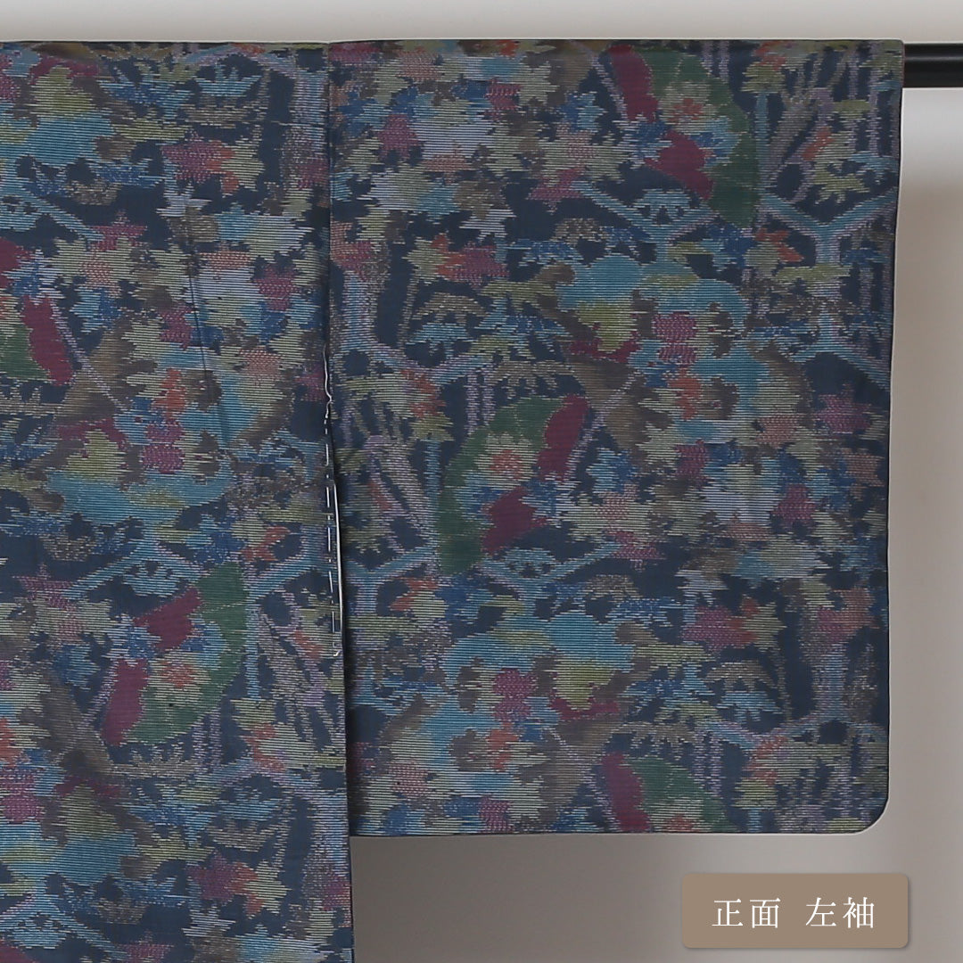 大島紬 袷 身丈157cm 裄丈65cm 正絹 Sランク インフォーマル 広衿 Mサイズ 緯総絣 花柄 植物柄 紺系 RP 1223-03037