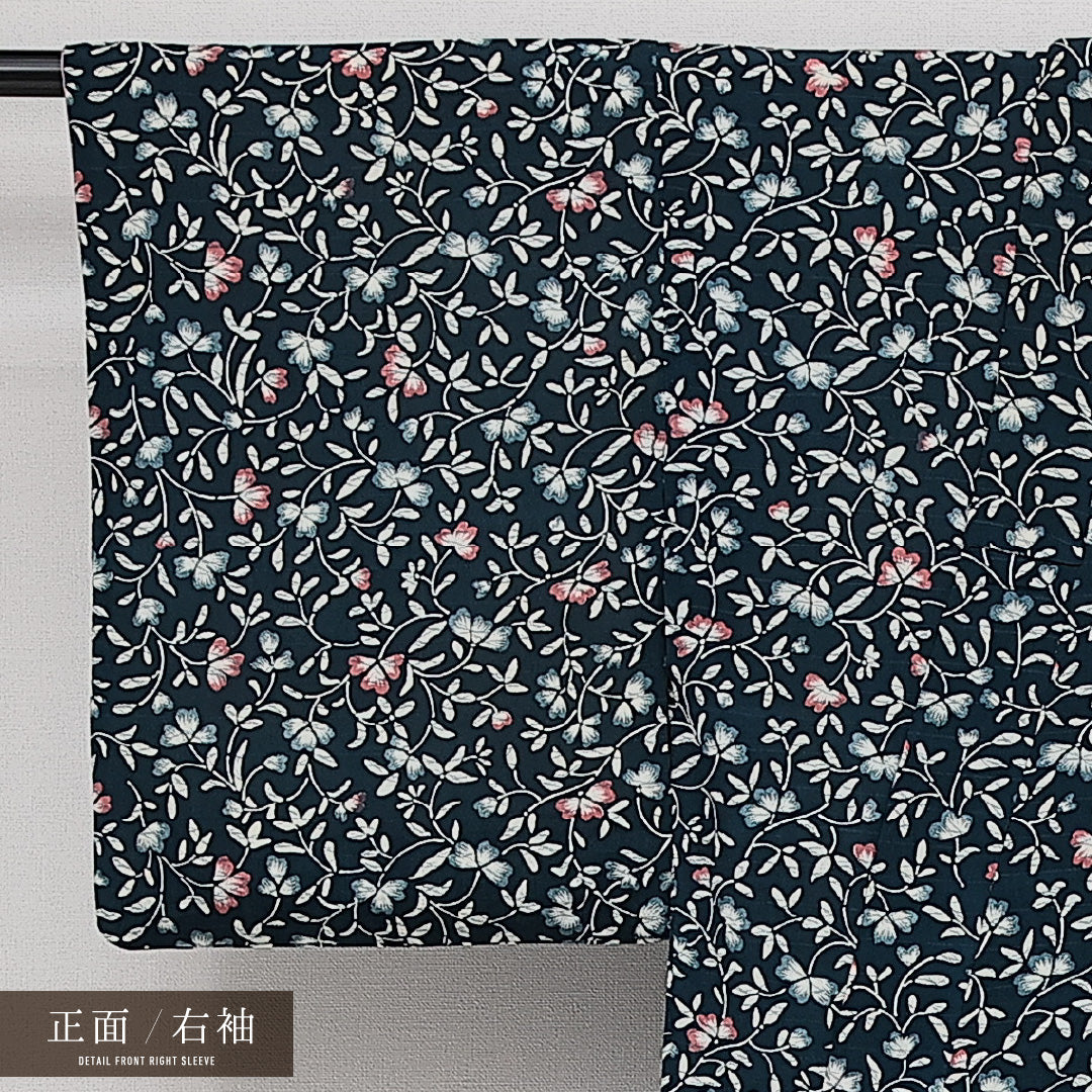 小紋 袷 身丈142cm 裄丈61cm 正絹 Aランク インフォーマル バチ衿 XSサイズ 花柄 紺系 RP 1221-14300
