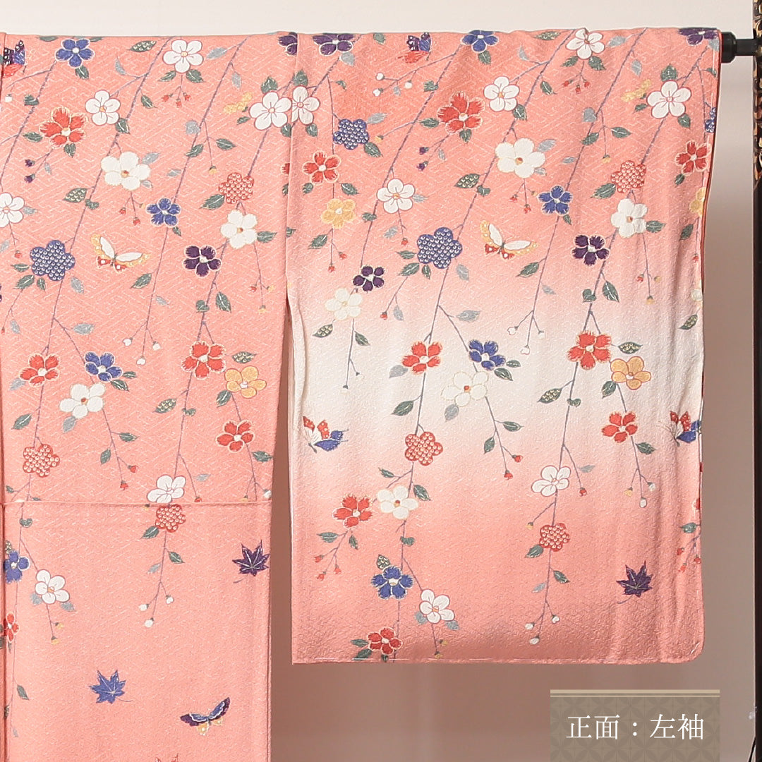 訪問着 袷 身丈165~169cm 裄67cm 正絹 花 蝶 紋意匠 紗綾形 ぼかし ピンク系 しつけ糸 Sランク 1212-00595