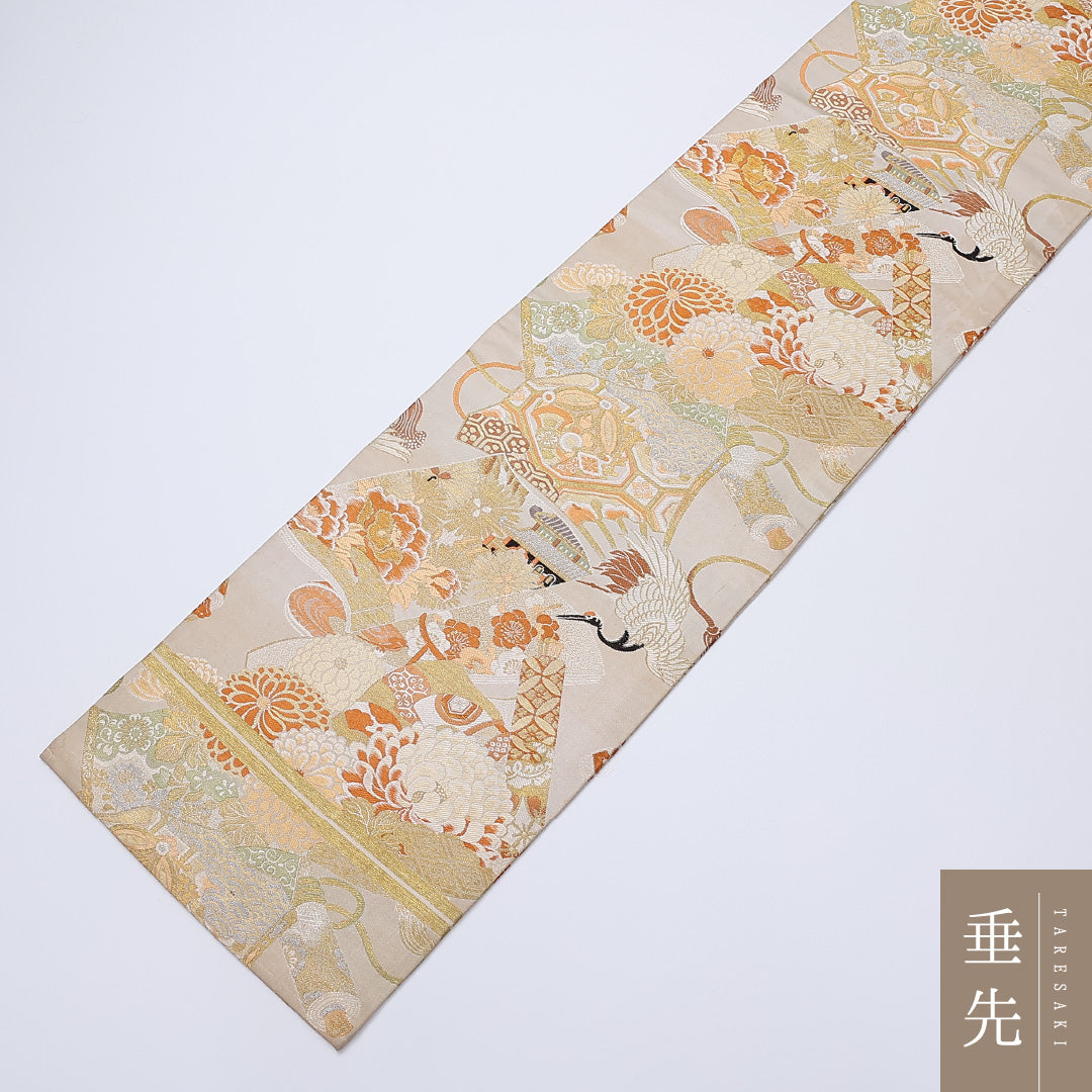 アンティーク 丸帯 帯丈408cm 正絹 全通 鶴 楼閣 クリーム系 1242-00907