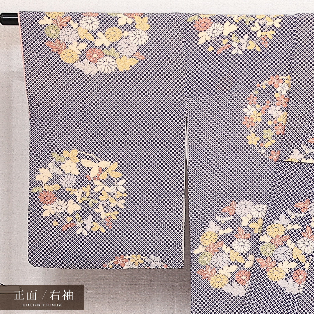 小紋 袷 身丈148cm 裄丈64cm 正絹 Aランク インフォーマル 広衿 XSサイズ 花文 紫系 RP 1221-14096