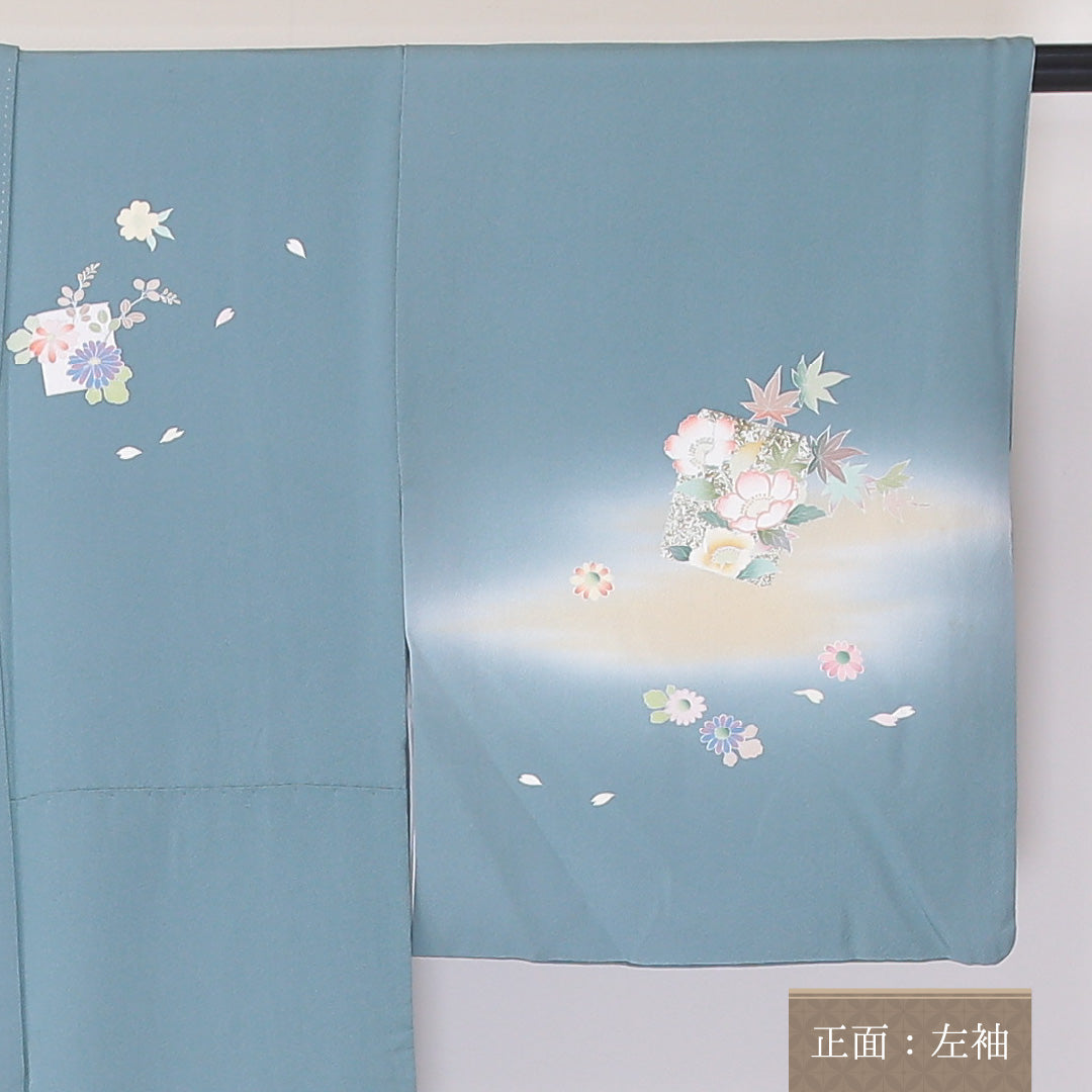 訪問着 袷 身丈149cm 裄61cm 正絹 一つ紋 ぼかし 牡丹 菊 金彩 立ち沢瀉 Aランク 1212-00648
