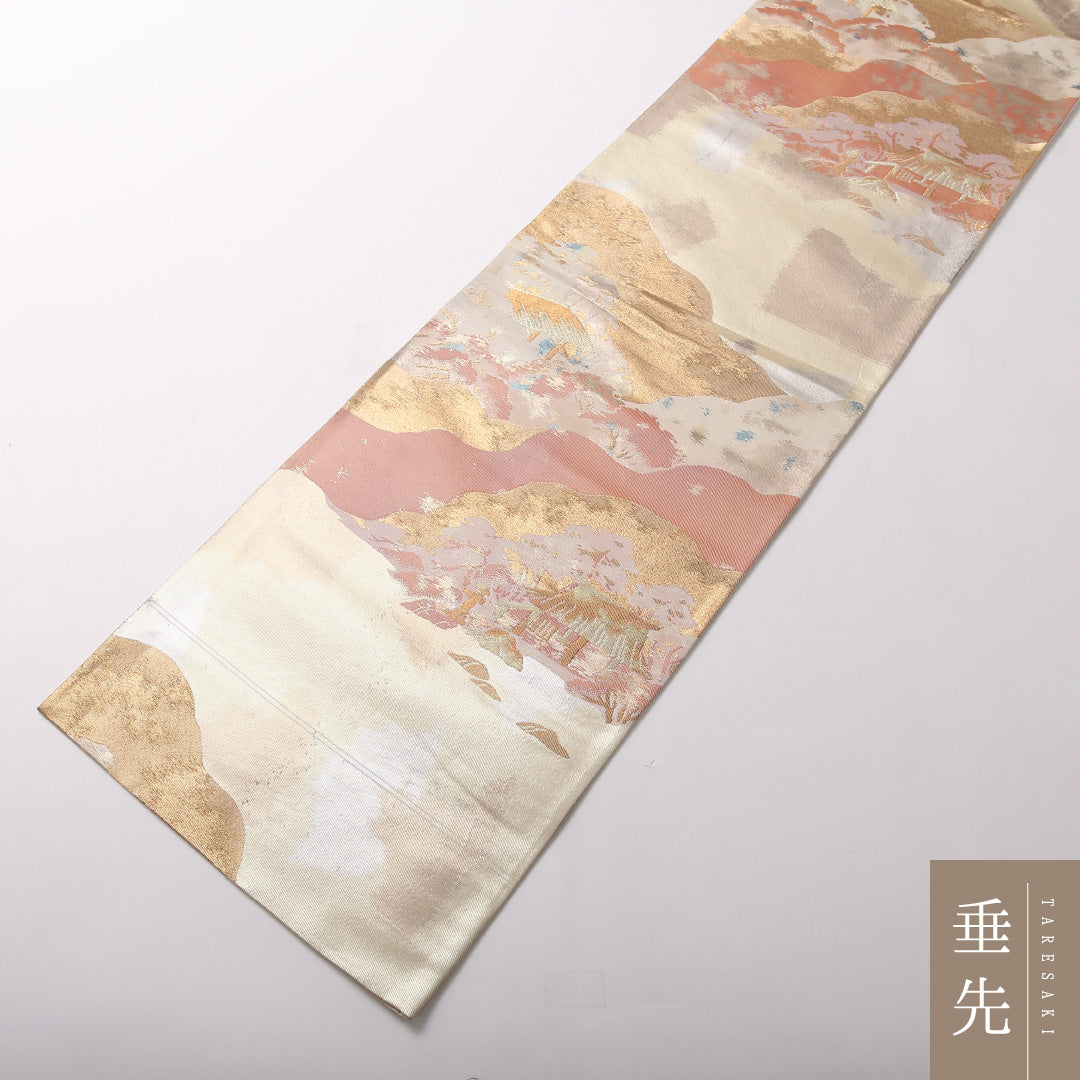 名勝 寂光院 袋帯 帯丈400cm 六通 フォーマル Aランク 正絹 引箔 寂光院 写実的 存在感 金系 1223-01719