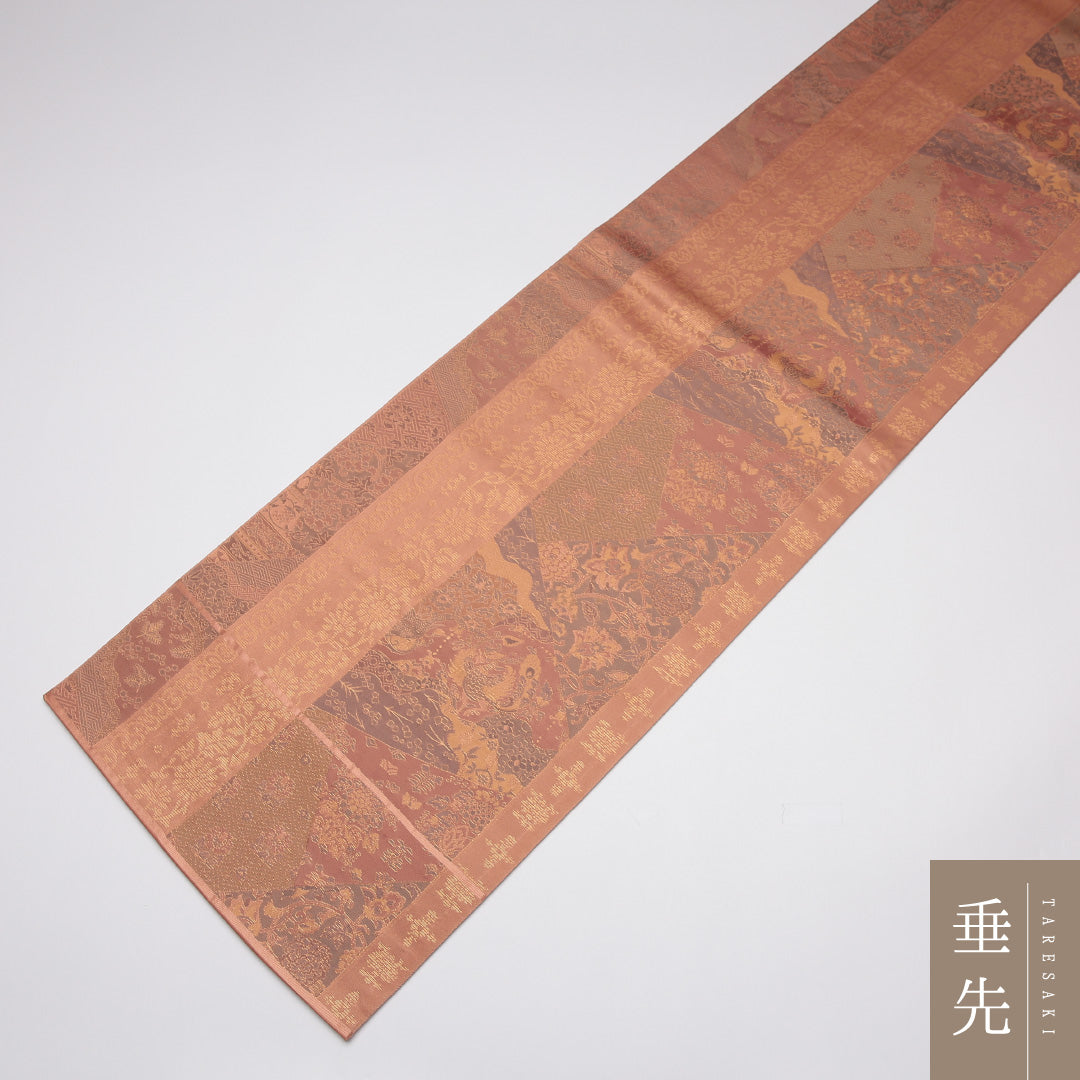 袋帯 帯丈444cm 正絹 六通 セミフォーマル 名物裂 朱系 金系 1243-01177