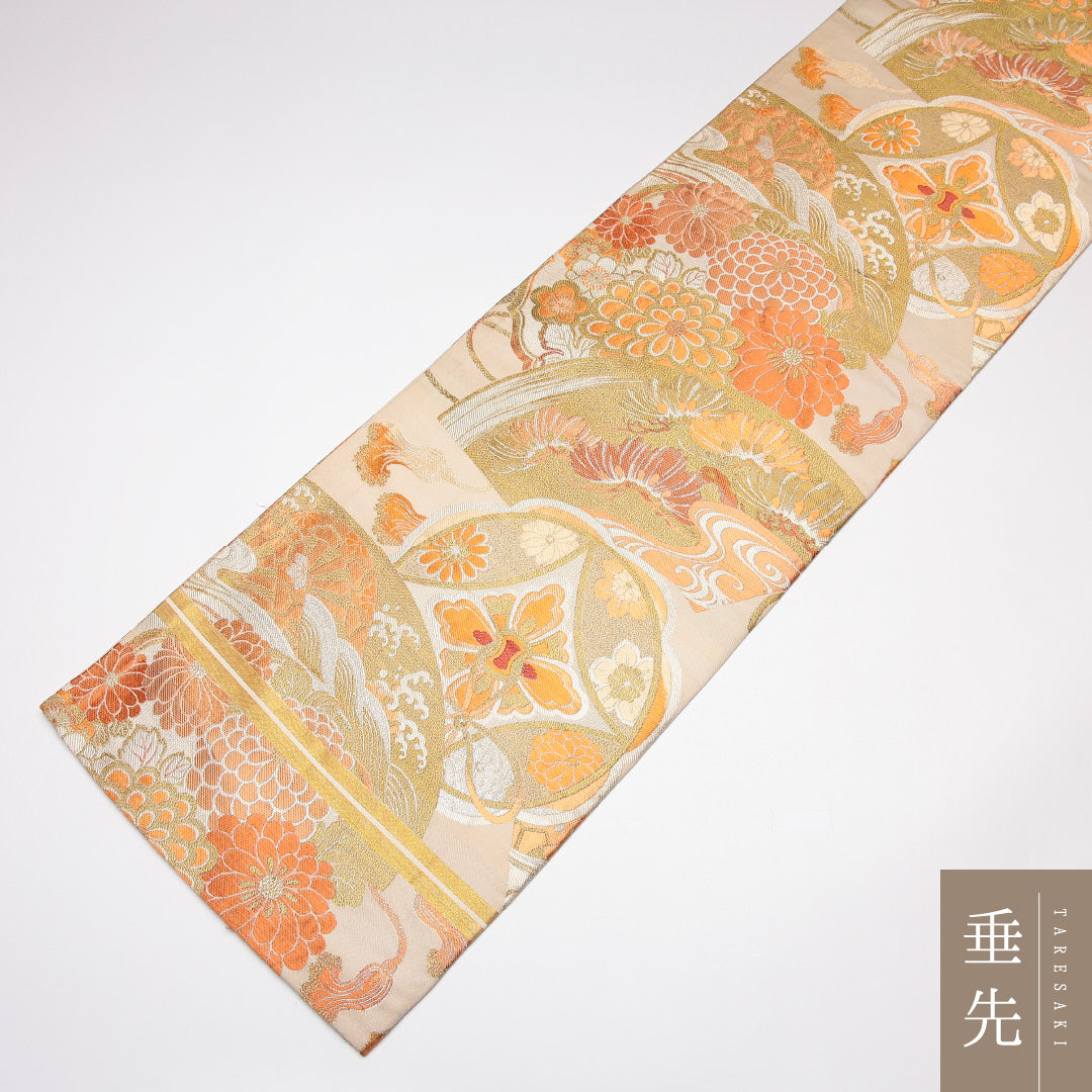 アンティーク 丸帯 帯丈388cm 正絹 全通 花扇 菊 クリーム系 1242-01193