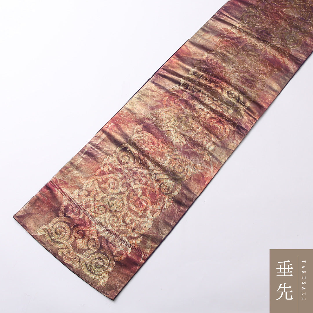 袋帯 帯丈432cm 正絹 六通 帯端のみ未仕立て セミフォーマル 唐草華文 証紙 紫系 1243-01506