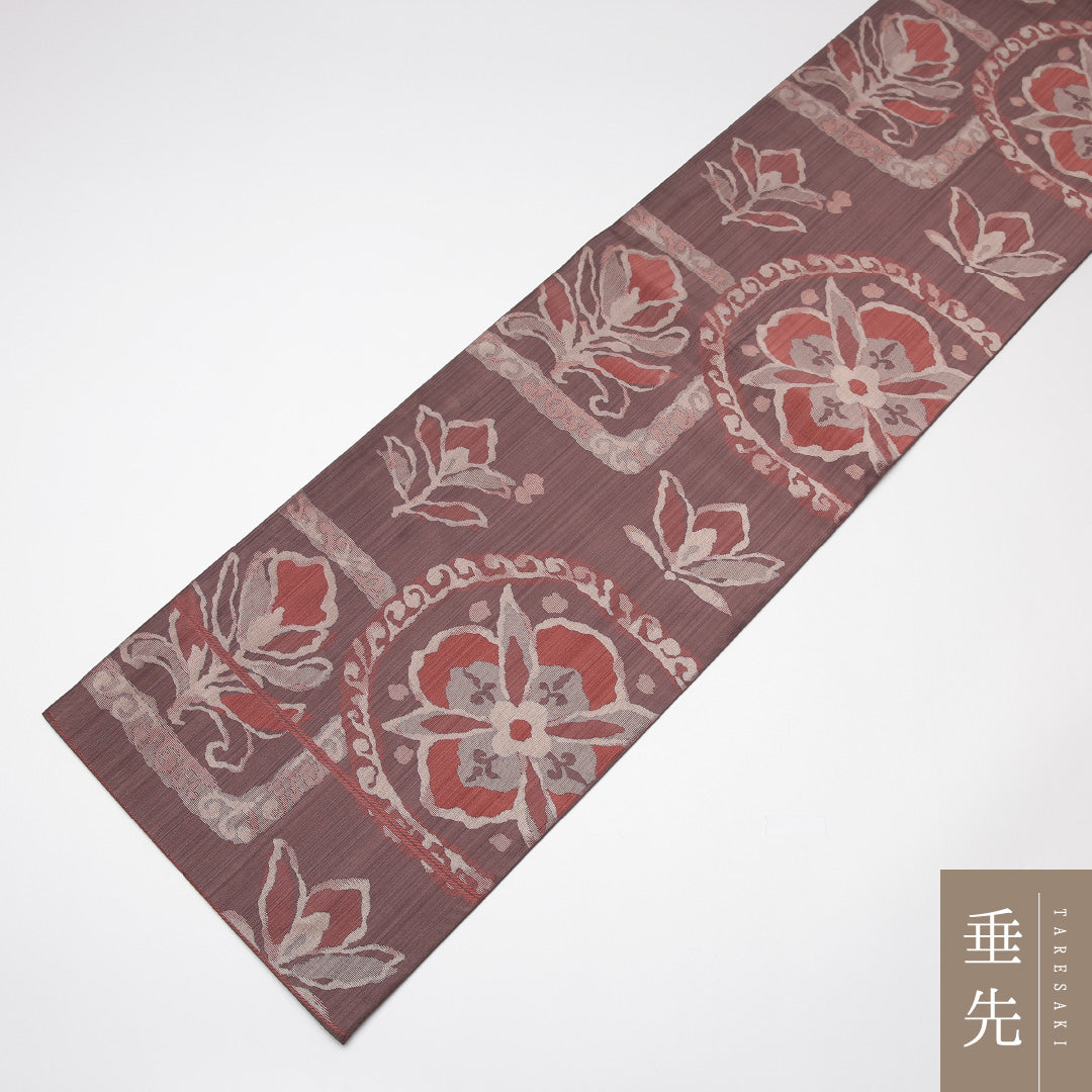 未使用品 袋帯 帯丈436cm 正絹 六通 古今帯 インフォーマル 花菱 茶系 1243-01234