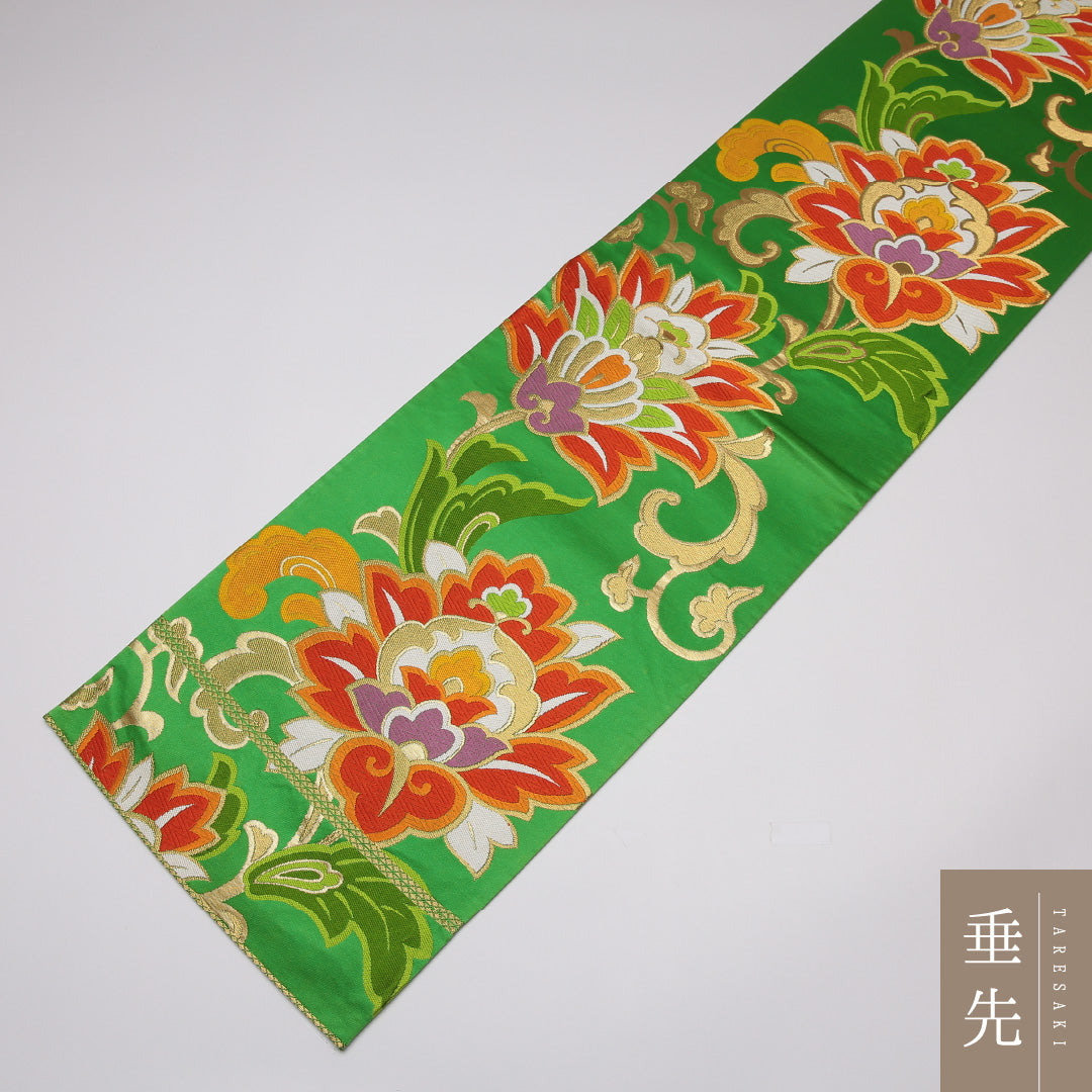 袋帯 帯丈424cm 六通 唐花 セミフォーマル 緑系 正絹 Aランク 1223-01172