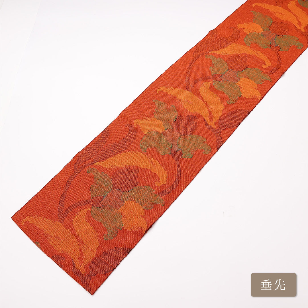 八寸名古屋帯 Sランク 帯丈352cm 正絹 六通 開き仕立て 織り カジュアル 紬 花柄 朱系 LP 1245-01177