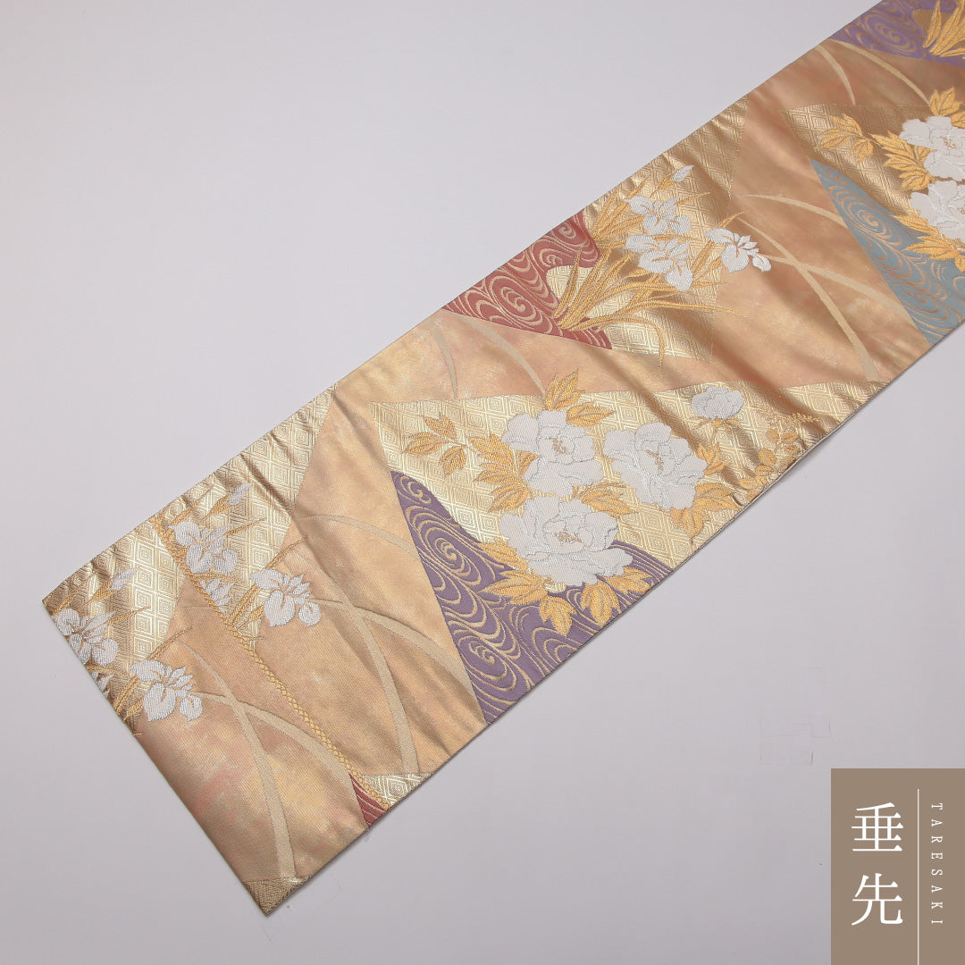 袋帯 六通 帯丈428cm フォーマル Sランク 正絹 牡丹 菖蒲 ベージュ系 1223-01423