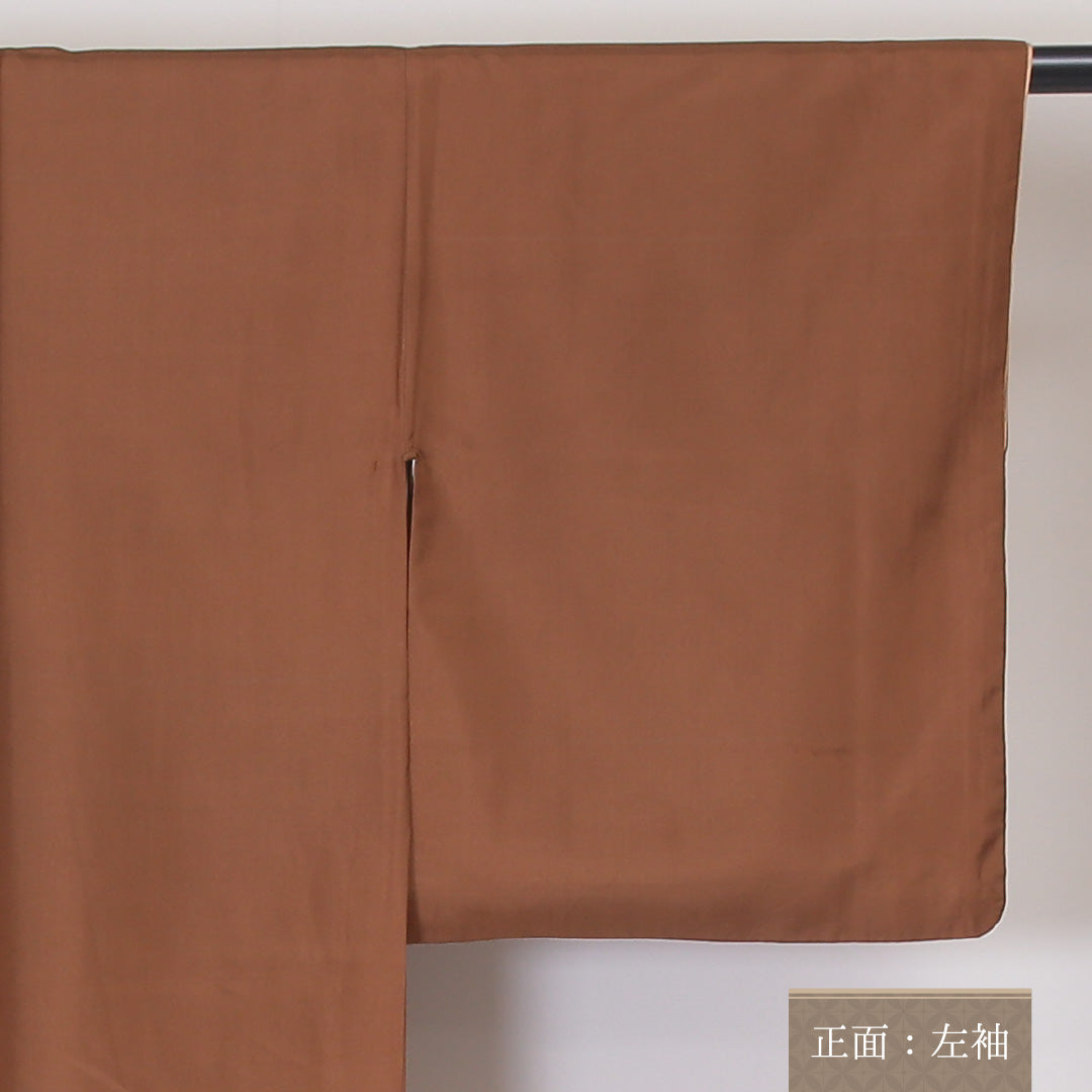 アンサンブル お召 袷 身丈156cm 裄丈64cm 正絹 Aランク インフォーマル 広衿 Mサイズ 色無地 紐あり 無地 茶系 PO 1222-03403