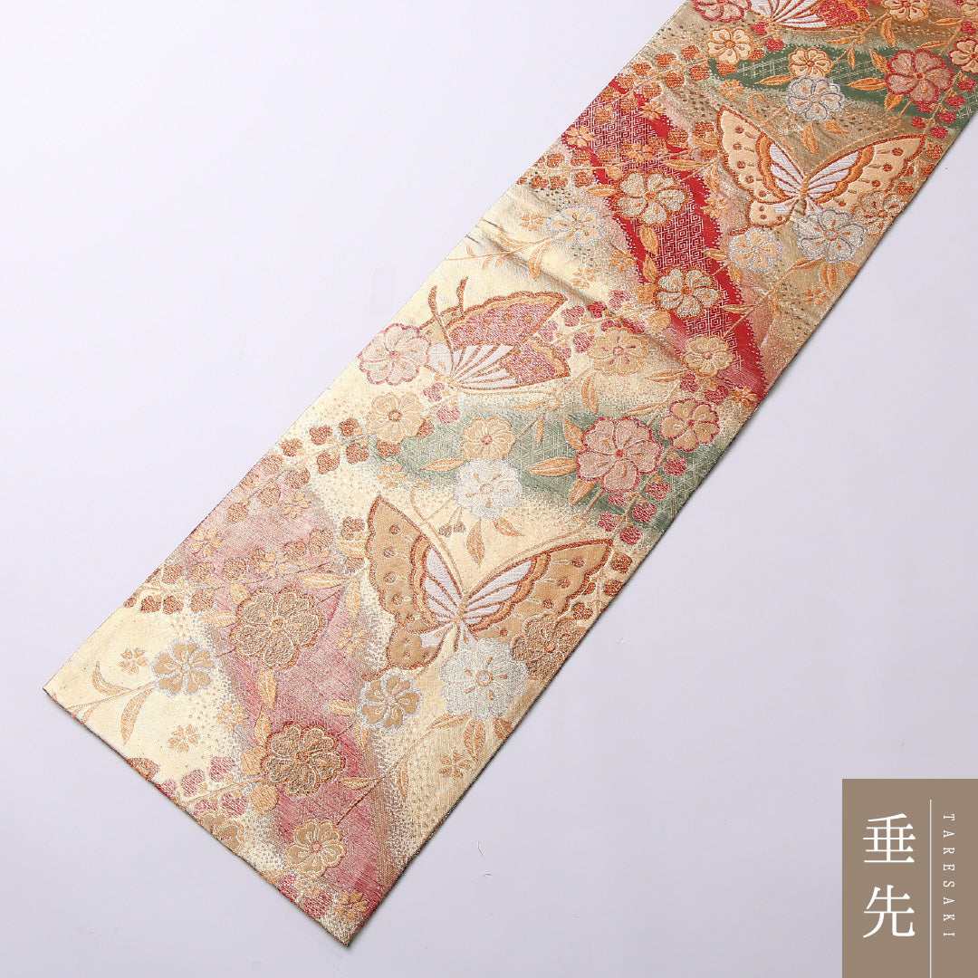 袋帯 帯丈432cm 六通 フォーマル Sランク 正絹 リバーシブル 蝶 古典的 可愛らしい 金系 1223-01614