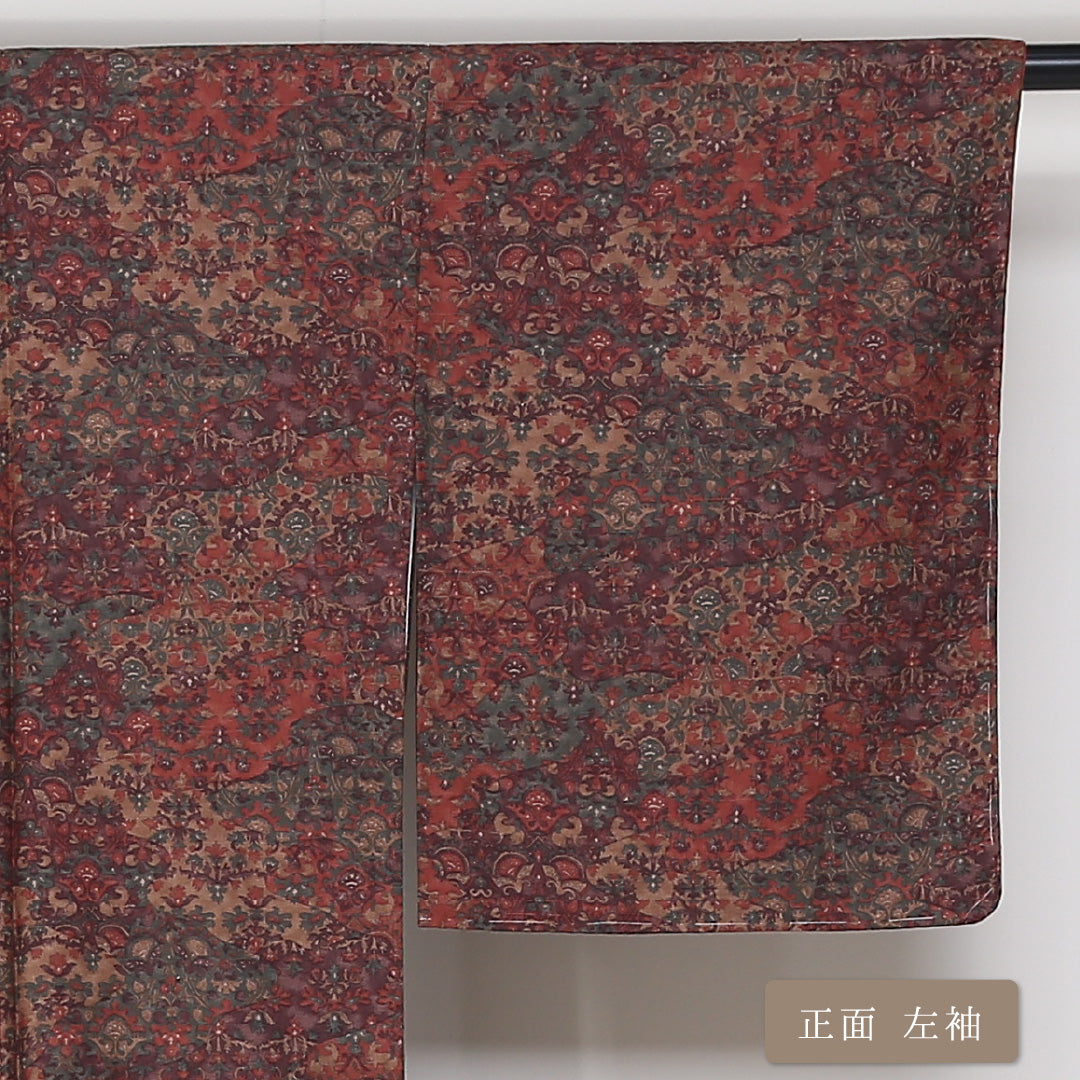 紬 袷 身丈173cm 裄65cm 正絹 茶系 Sランク 更紗 しつけ糸 1216-00661-2614