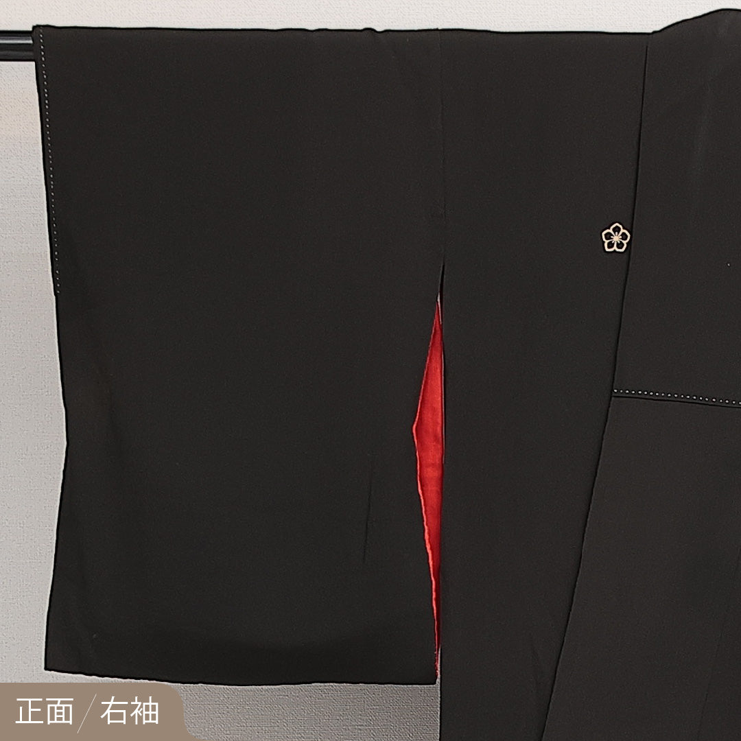 アンティーク 黒留袖 五つ紋 桔梗 身丈152cm 裄丈61cm Cランク 正絹 袷 広衿 S 小鼓 鶴 レトロ 華やか 黒系 1211-F0599