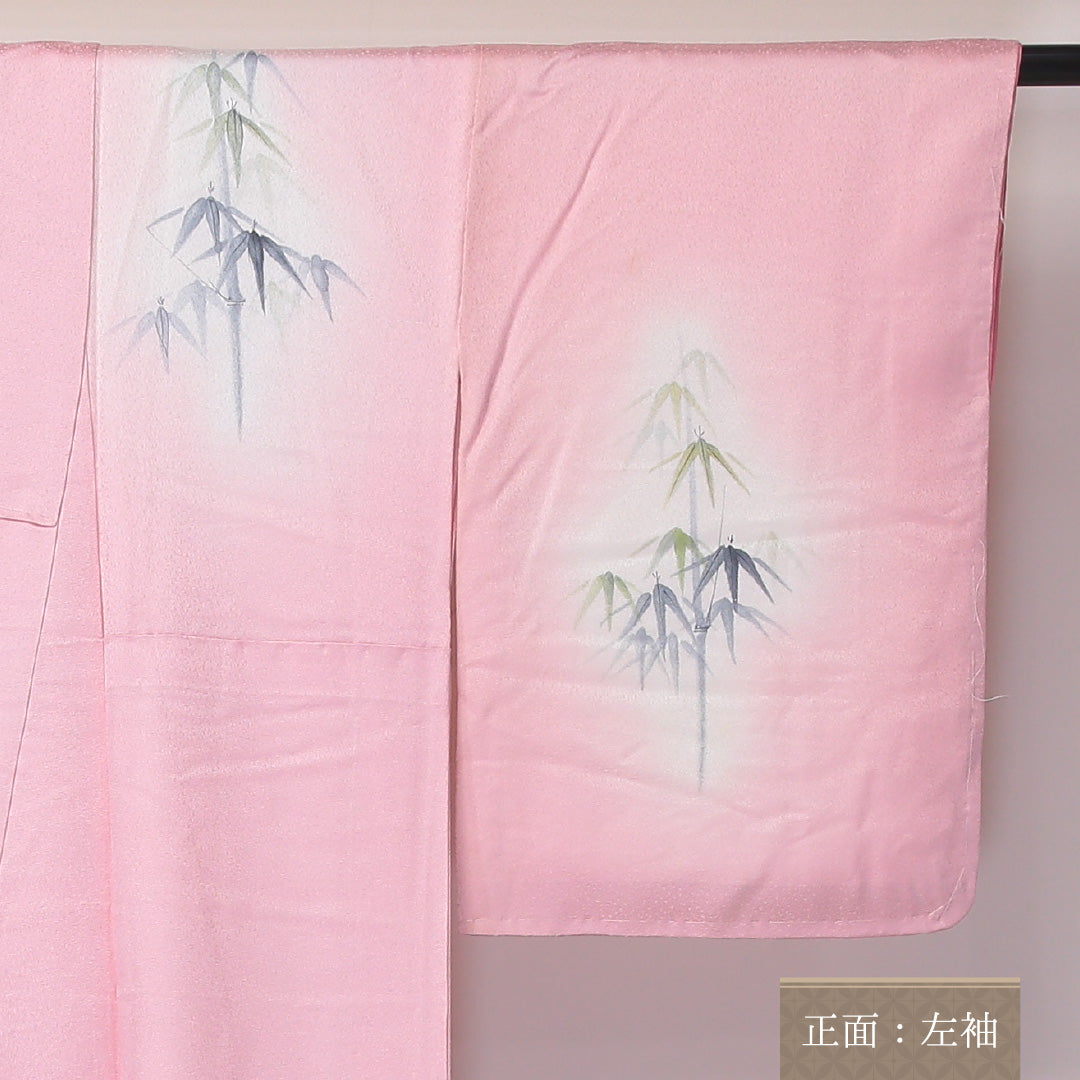 未使用品 付下げ 袷 身丈160cm 裄丈65cm 正絹 Sランク インフォーマル 広衿 Lサイズ ぼかし染 しつけ糸 笹 竹 ピンク系 RP 1218-04580